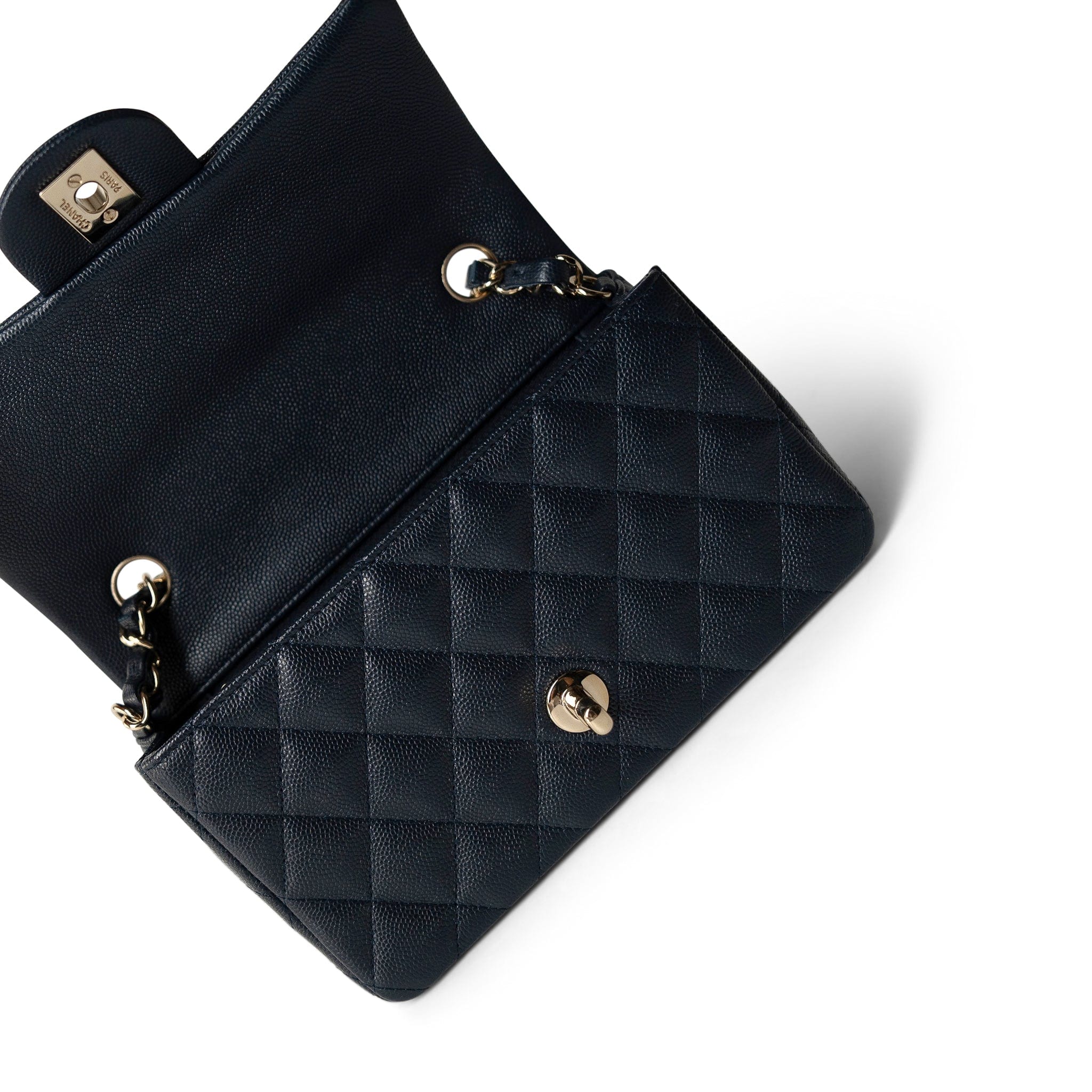 CHANEL Handbag Navy 18B Navy Caviar Quilted Mini Rectangular Light Gold Hardware - Redeluxe