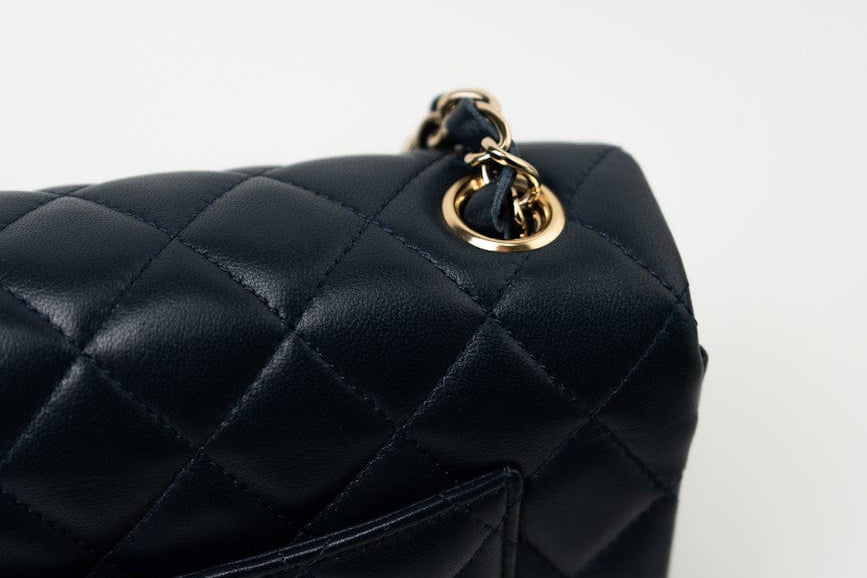 CHANEL Handbag Navy Blue Lambskin Quilted Mini Rectangular Flap Bag LGHW - Redeluxe