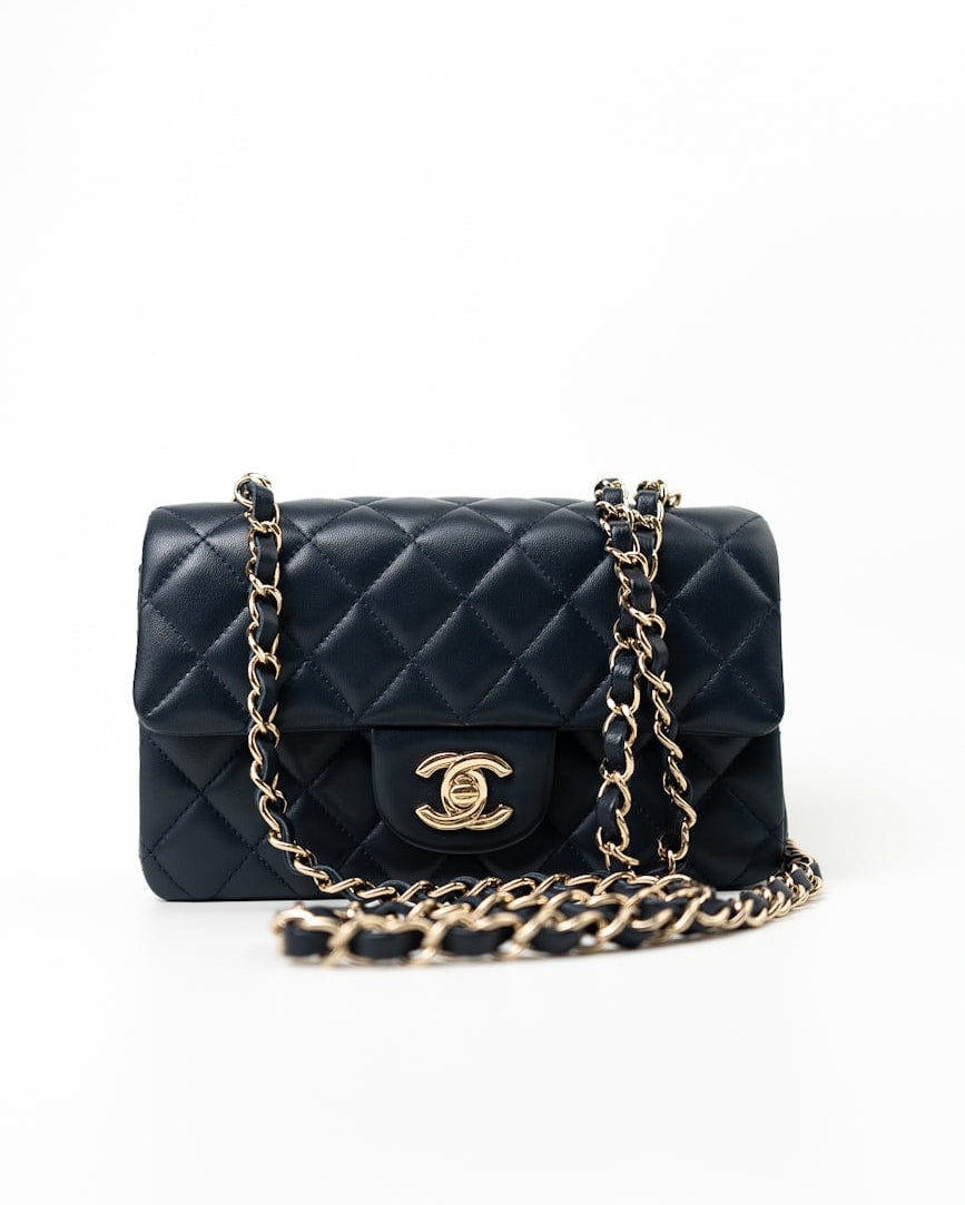 CHANEL Handbag Navy Blue Lambskin Quilted Mini Rectangular Flap Bag LGHW - Redeluxe