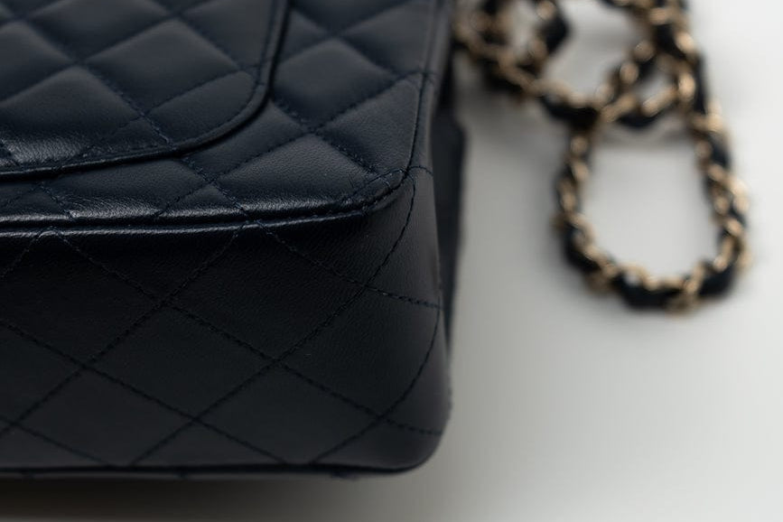 CHANEL Handbag Navy Blue Lambskin Quilted Mini Rectangular Flap Bag LGHW - Redeluxe