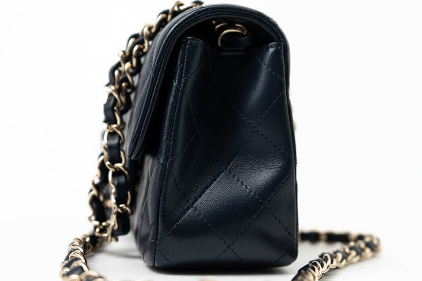 CHANEL Handbag Navy Blue Lambskin Quilted Mini Rectangular Flap Bag LGHW - Redeluxe