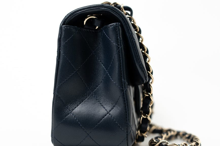 CHANEL Handbag Navy Blue Lambskin Quilted Mini Rectangular Flap Bag LGHW - Redeluxe