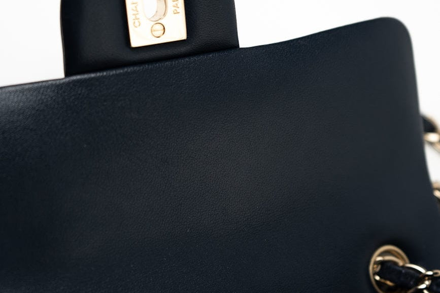 CHANEL Handbag Navy Blue Lambskin Quilted Mini Rectangular Flap Bag LGHW - Redeluxe