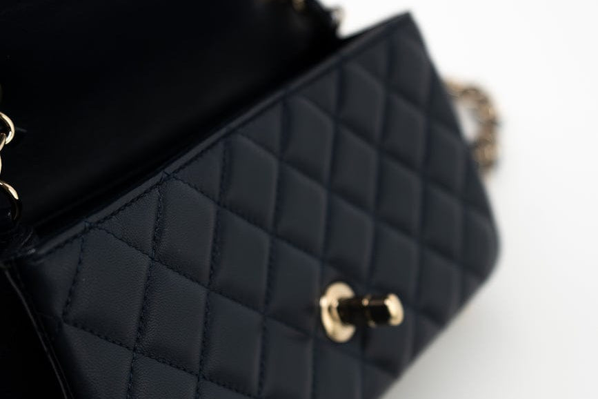 CHANEL Handbag Navy Blue Lambskin Quilted Mini Rectangular Flap Bag LGHW - Redeluxe