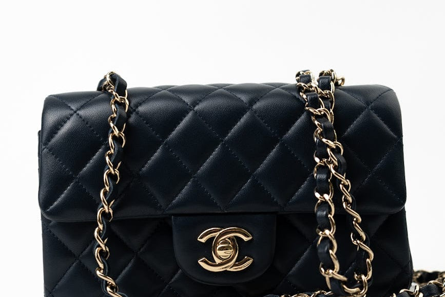 CHANEL Handbag Navy Blue Lambskin Quilted Mini Rectangular Flap Bag LGHW - Redeluxe
