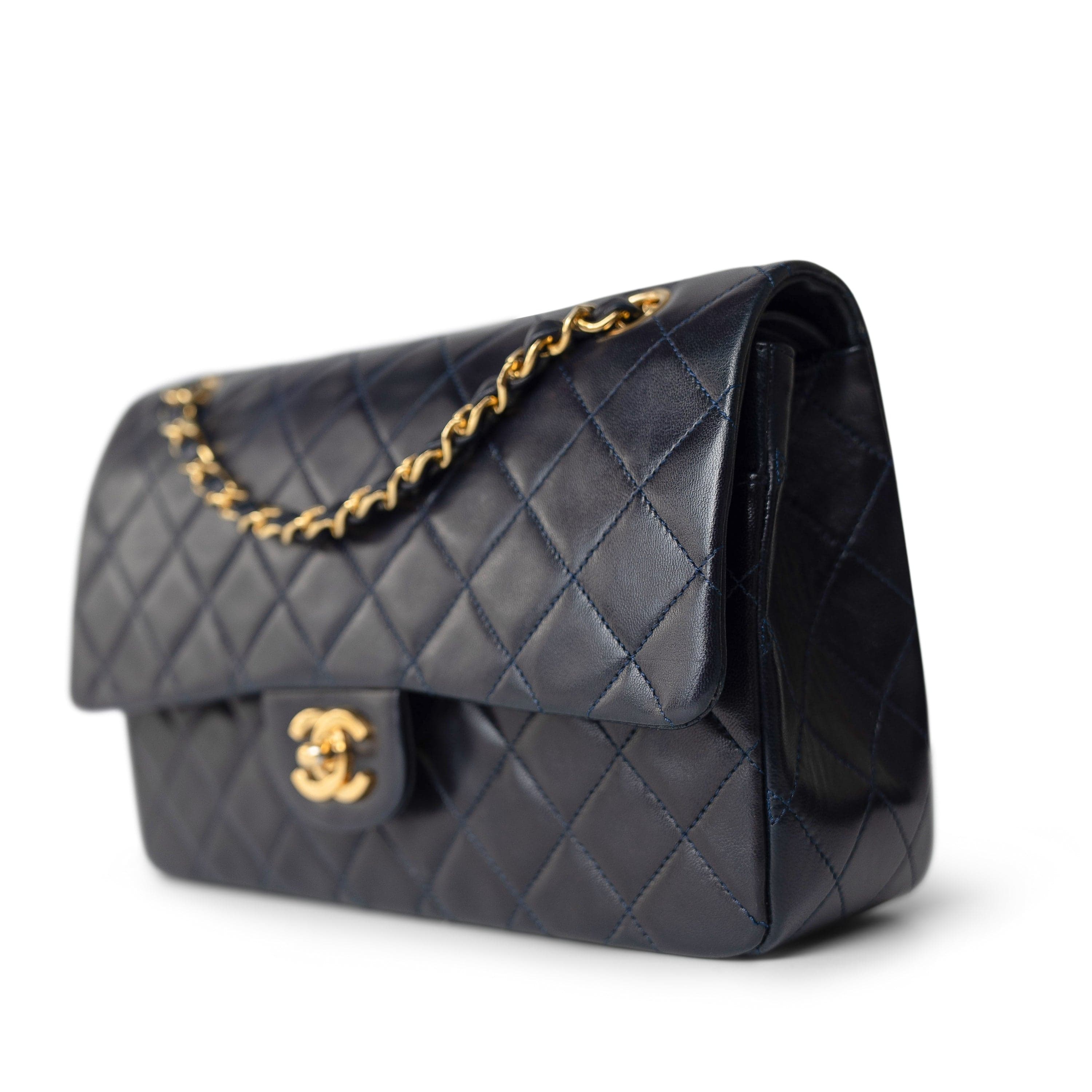 CHANEL Handbag Navy / Classic flap Vintage Navy Lambskin Quilted Classic Flap Medium Gold Hardware - Redeluxe