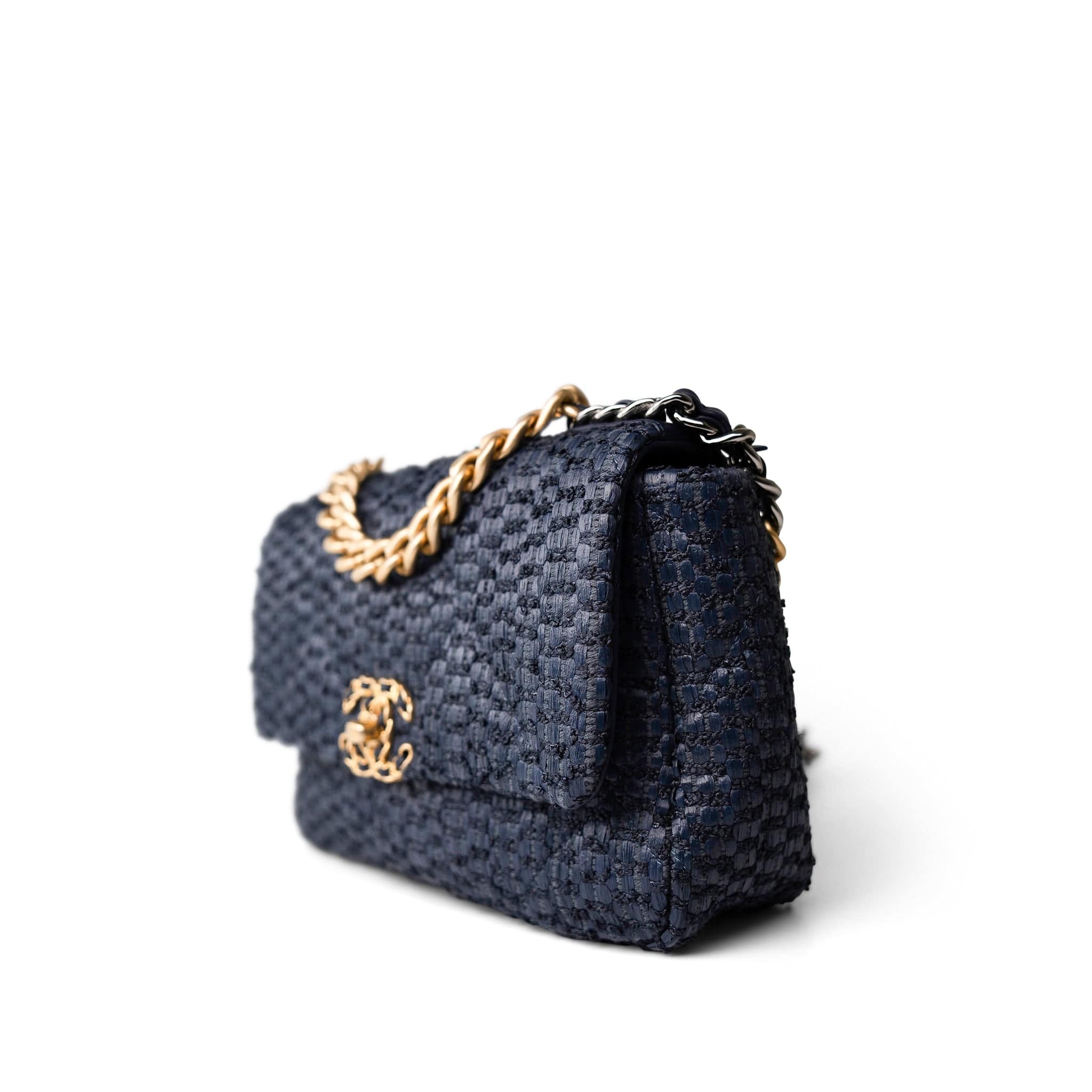 CHANEL Handbag Navy Navy Raffia Quilted 19 Flap Small Mixed Hardware - Redeluxe