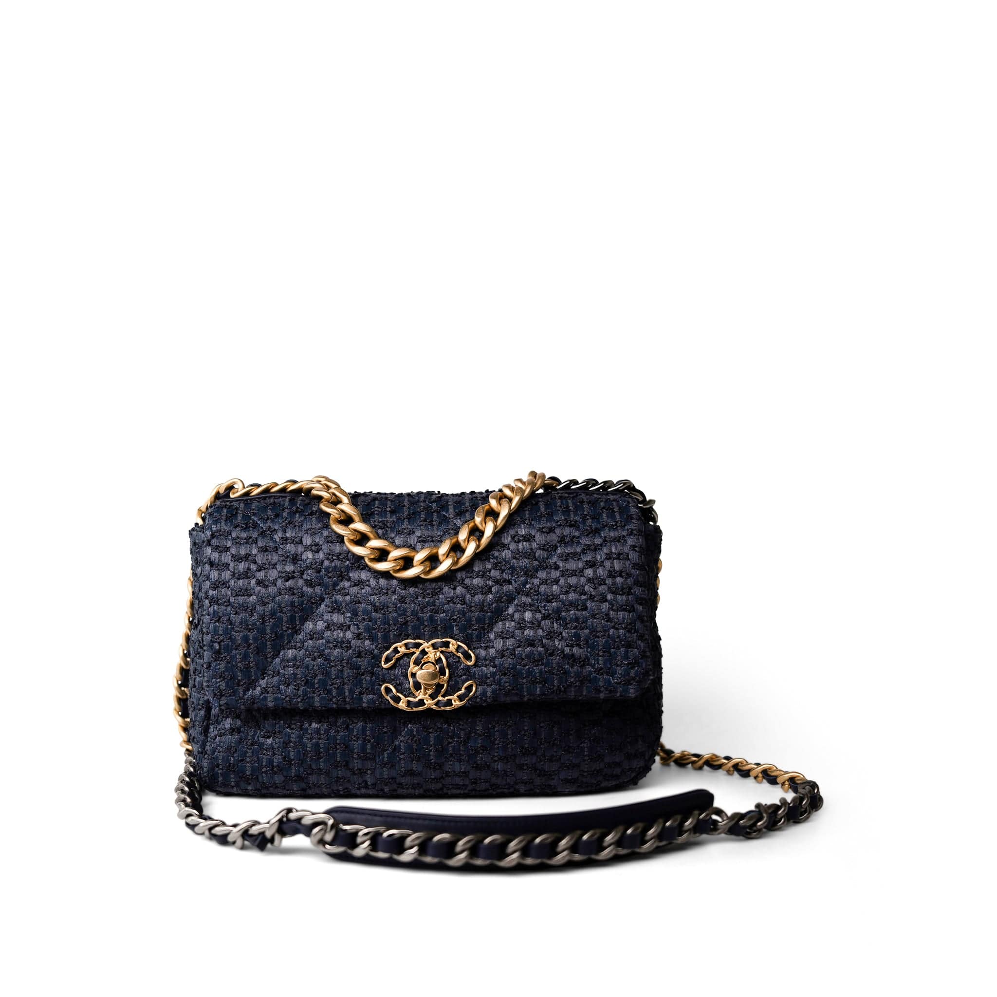 CHANEL Handbag Navy Navy Raffia Quilted 19 Flap Small Mixed Hardware - Redeluxe
