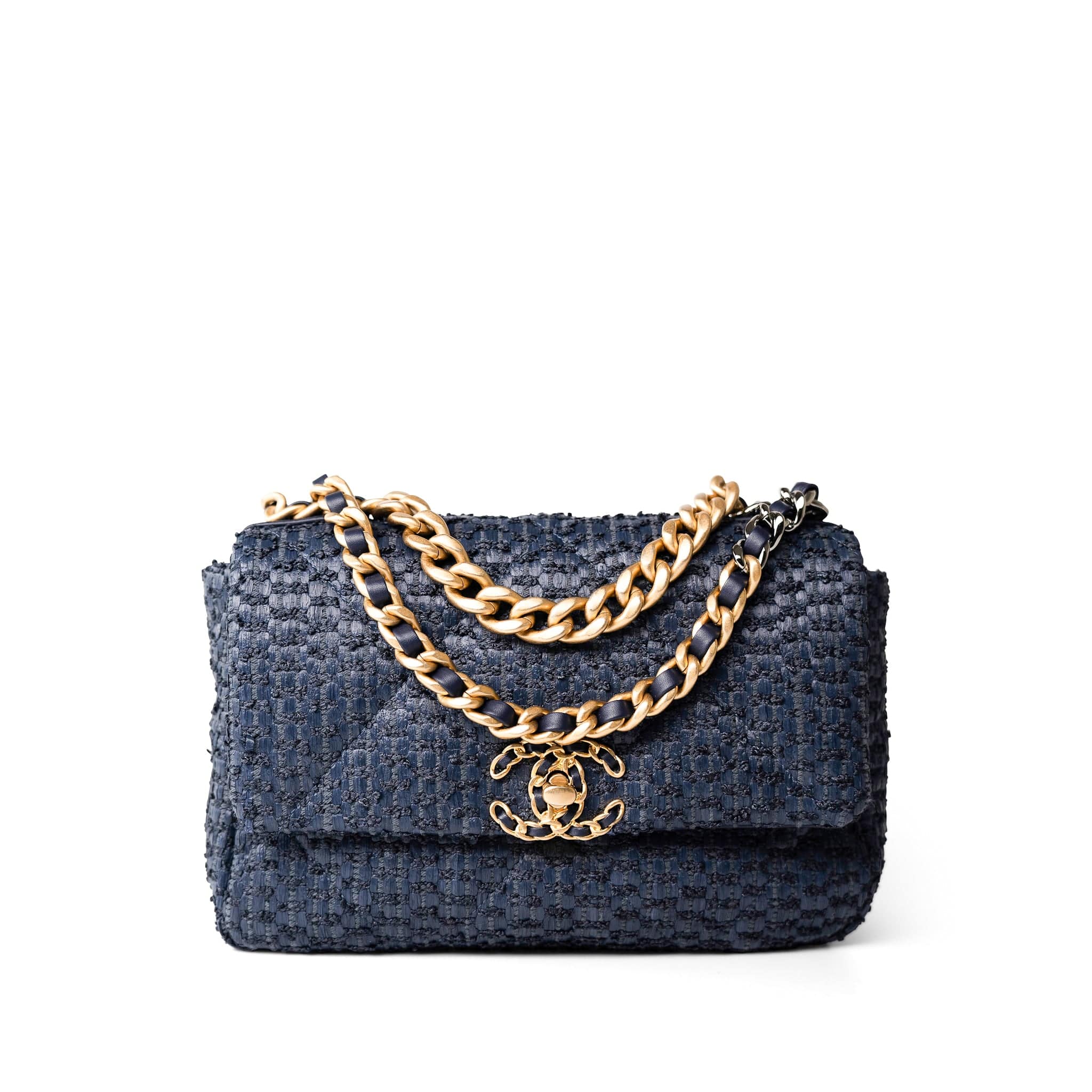 CHANEL Handbag Navy Navy Raffia Quilted 19 Flap Small Mixed Hardware - Redeluxe