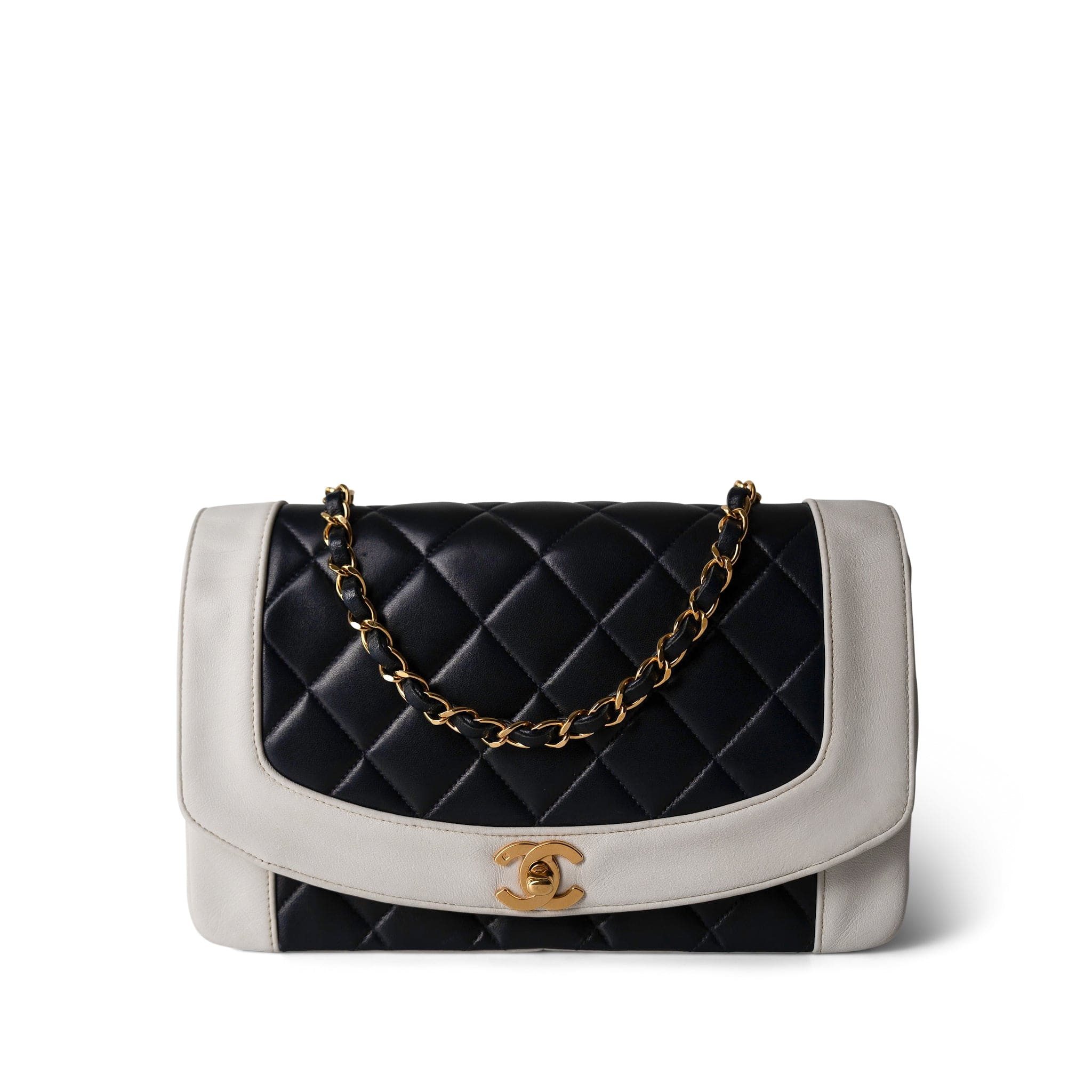 CHANEL Handbag Navy White Lambskin Quilted Diana Flap Medium Gold Hardware - Redeluxe