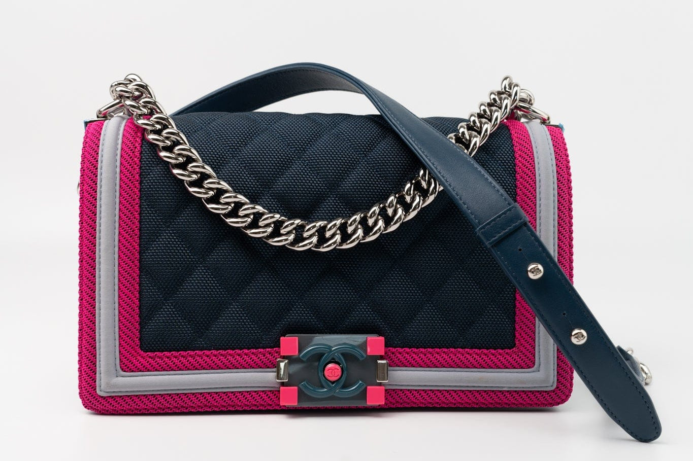 CHANEL Handbag Nylon Quilted Medium Fluo Boy Flap Dark Navy Fuchsia Grey - Redeluxe