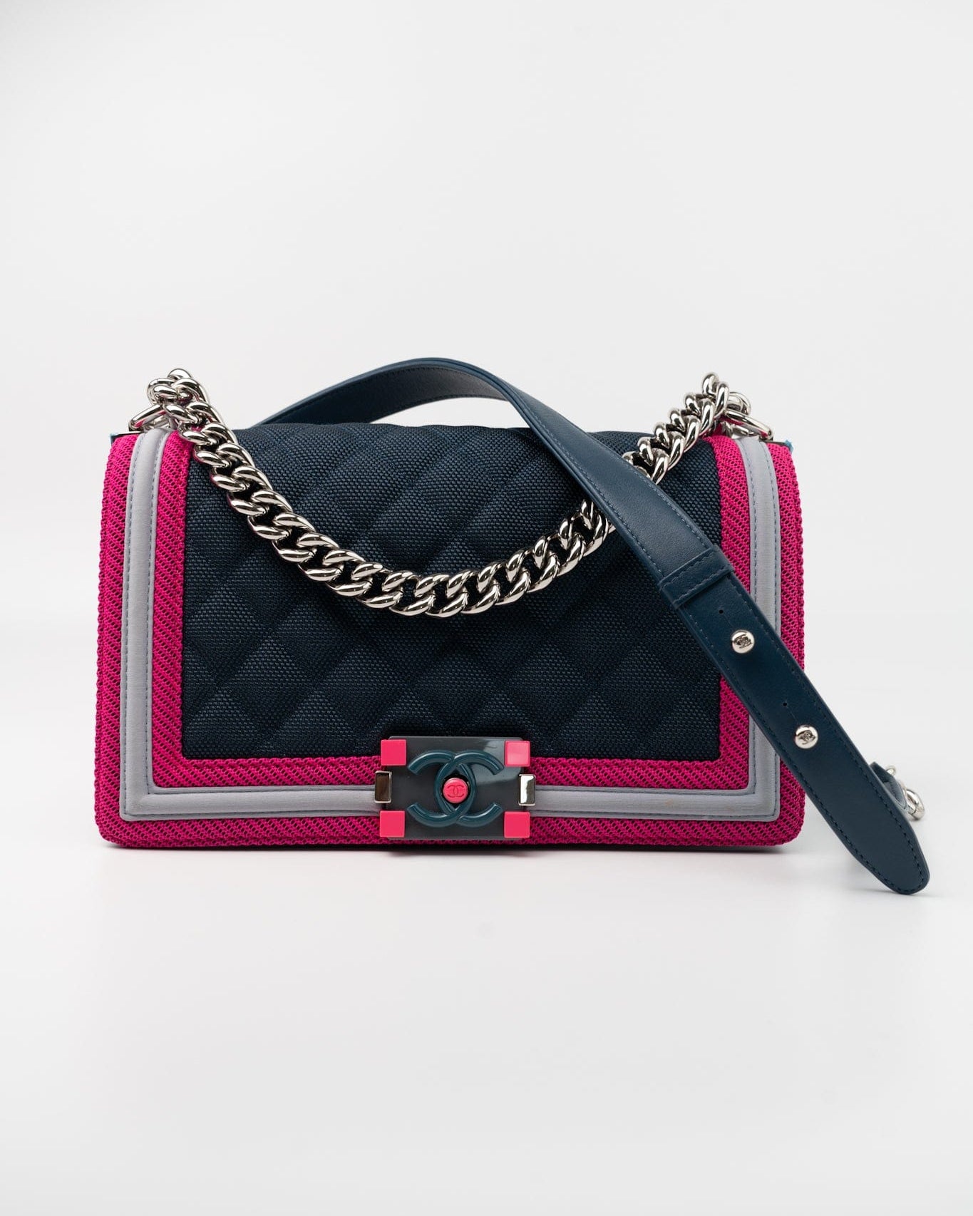 CHANEL Handbag Nylon Quilted Medium Fluo Boy Flap Dark Navy Fuchsia Grey - Redeluxe