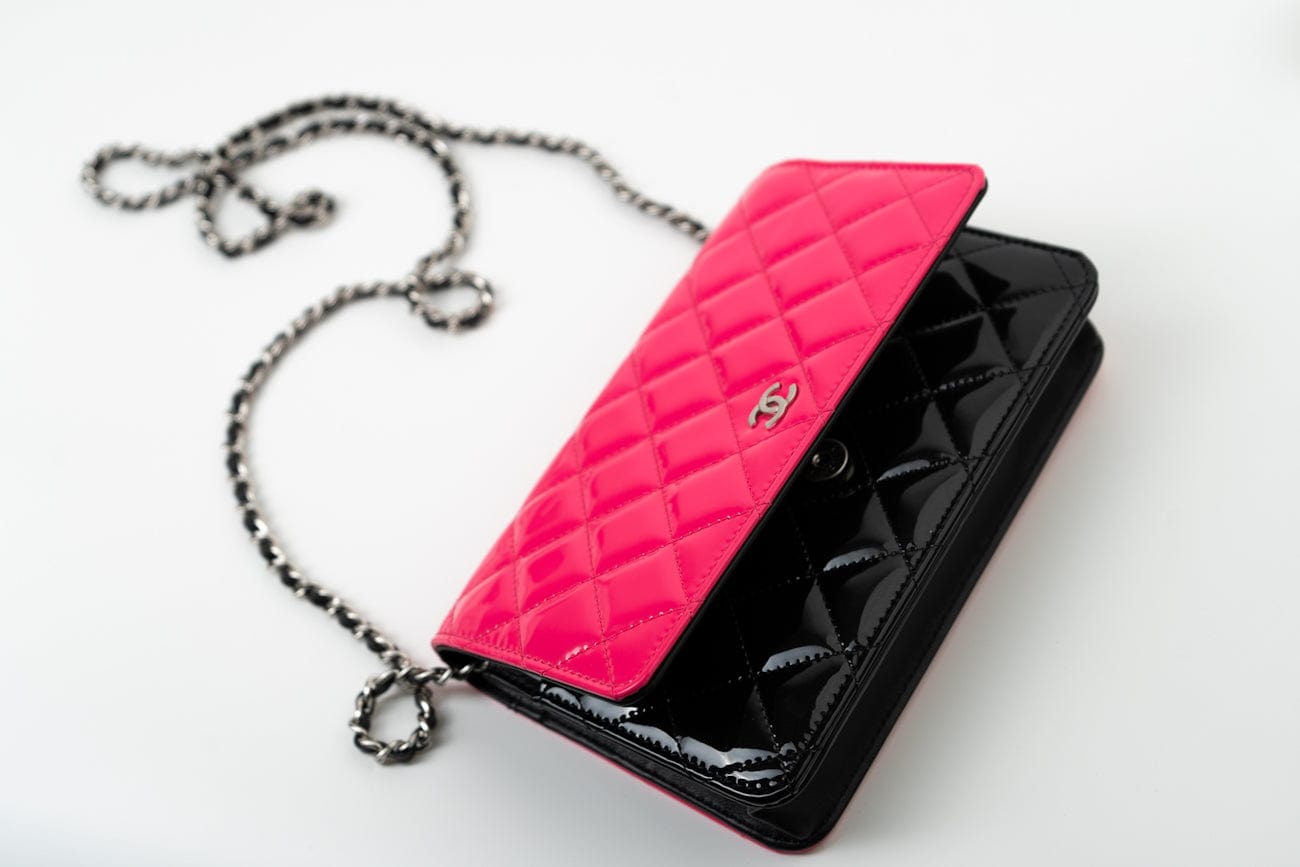 CHANEL Handbag Patent Quilted Pink Black Bi-Color Wallet On Chain WOC - Redeluxe