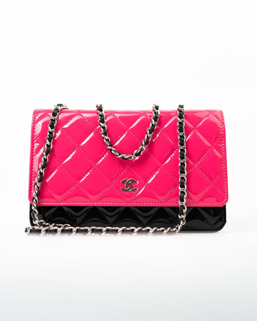 CHANEL Handbag Patent Quilted Pink Black Bi-Color Wallet On Chain WOC - Redeluxe