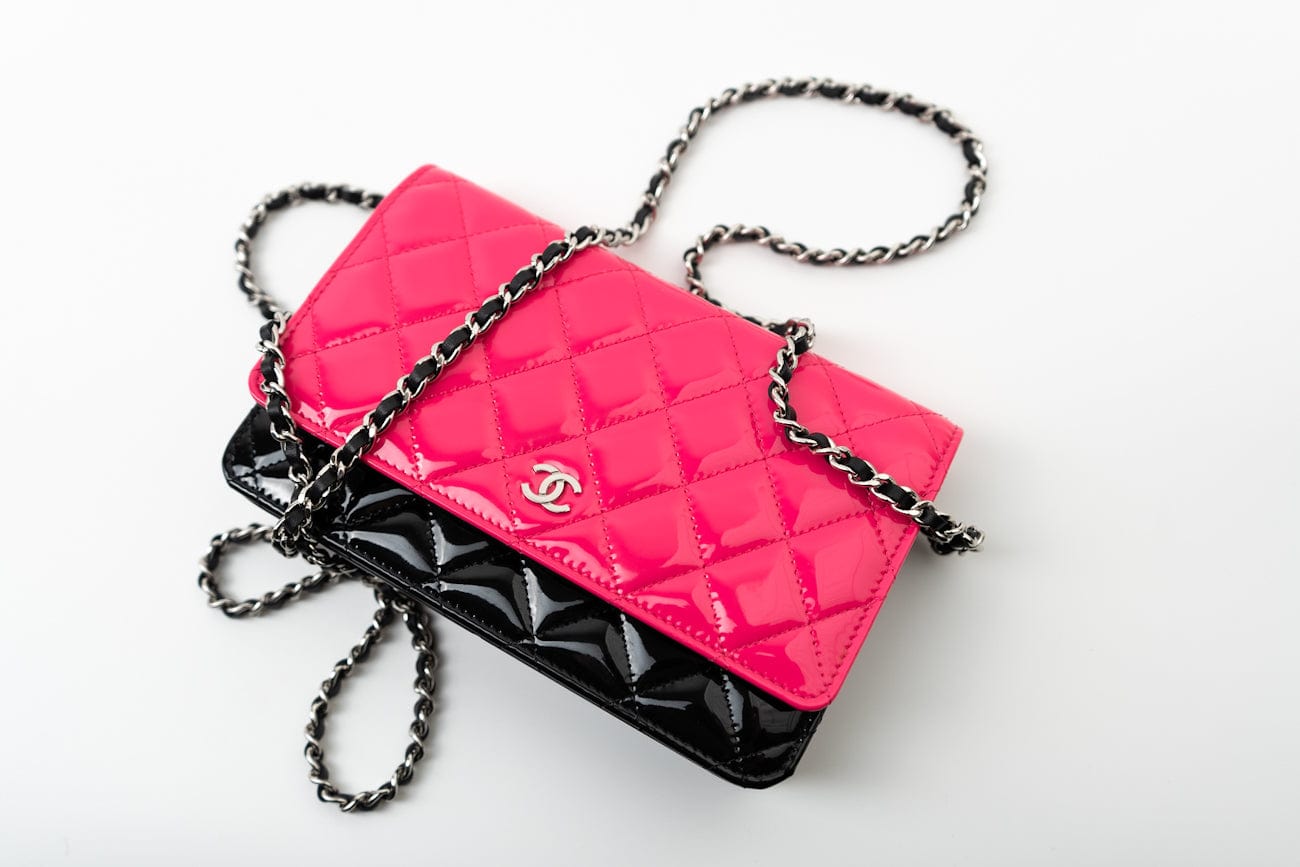 CHANEL Handbag Patent Quilted Pink Black Bi-Color Wallet On Chain WOC - Redeluxe