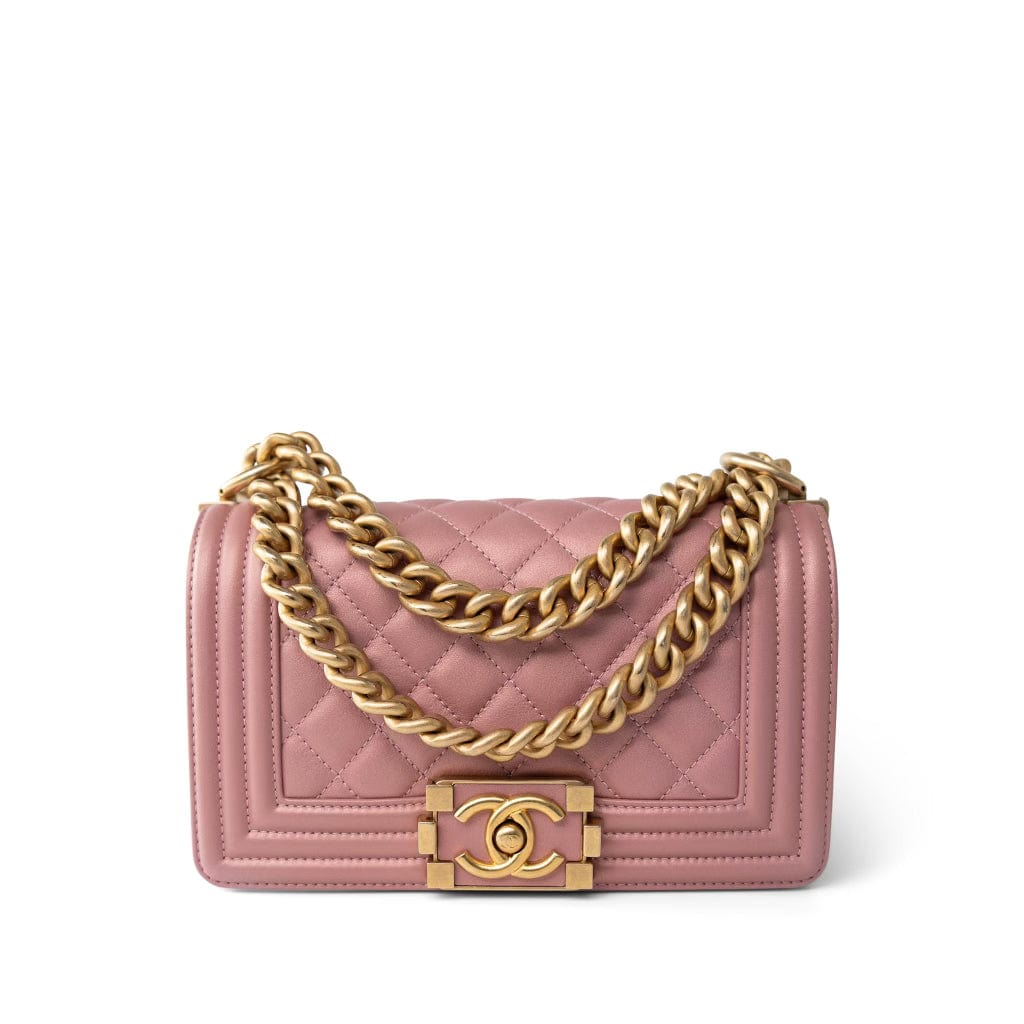 CHANEL Handbag Pink 20A Metallic Pink Calfskin Quilted Small Boy Bag Aged Gold Hardware - Redeluxe