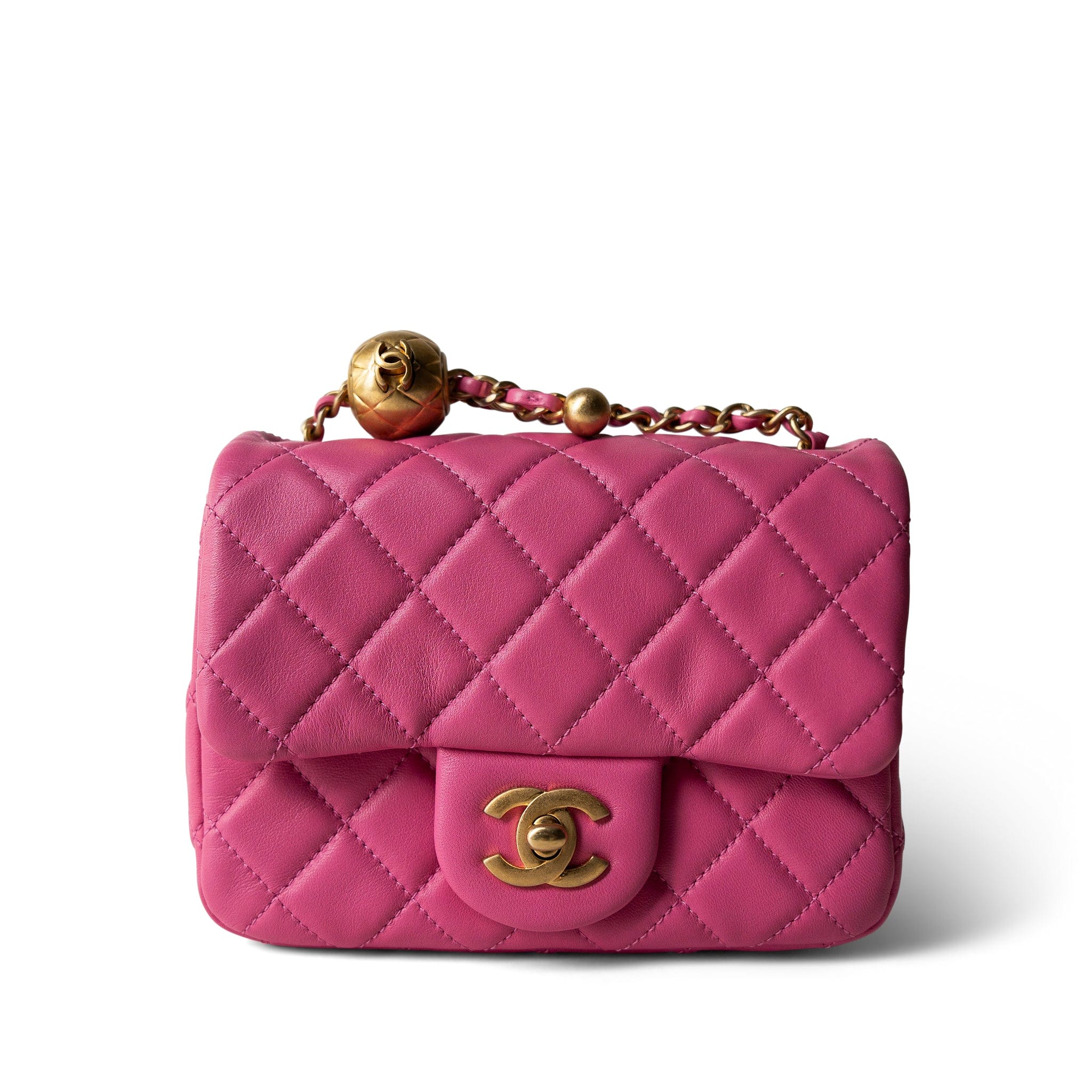 CHANEL Handbag Pink 20S Pink Lambskin Quilted Pearl Crush Mini Aged Gold Hardware - Redeluxe