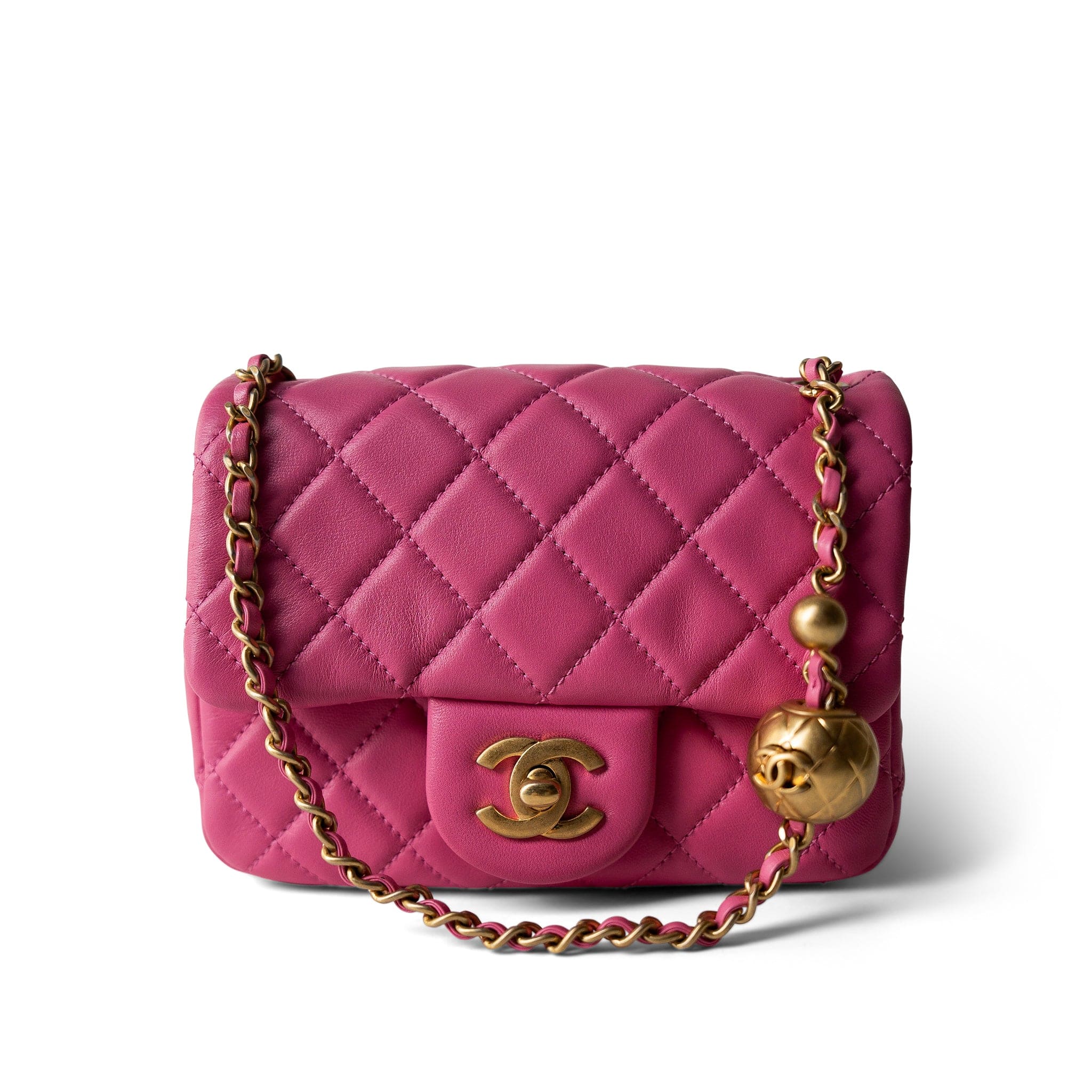 CHANEL Handbag Pink 20S Pink Lambskin Quilted Pearl Crush Mini Aged Gold Hardware - Redeluxe