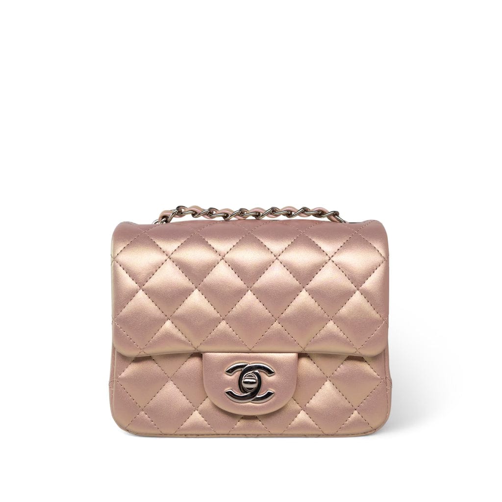 CHANEL Handbag Pink 21K Mini Pink Iridescent Square Lambskin Quilted Classic Flap SHW - Redeluxe