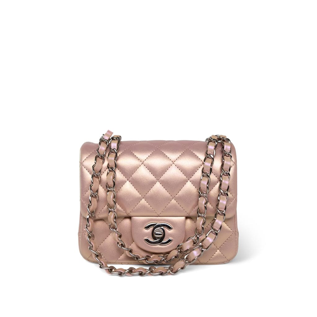 21K Mini Pink Iridescent Square Lambskin Quilted Classic Flap SHW 21K Mini Pink Iridescent Square Lambskin Quilted Classic Flap SHW