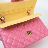 CHANEL Handbag Pink 21P Pink Lambskin Quilted Classic Flap Small Yellow Interior / Rainbow Hardware - Redeluxe