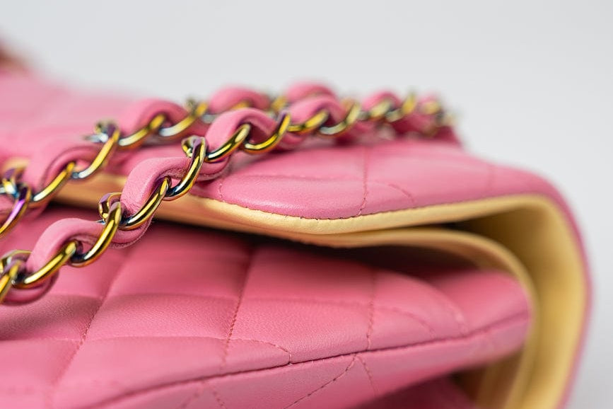 CHANEL Handbag Pink 21P Pink Lambskin Quilted Classic Flap Small Yellow Interior / Rainbow Hardware - Redeluxe