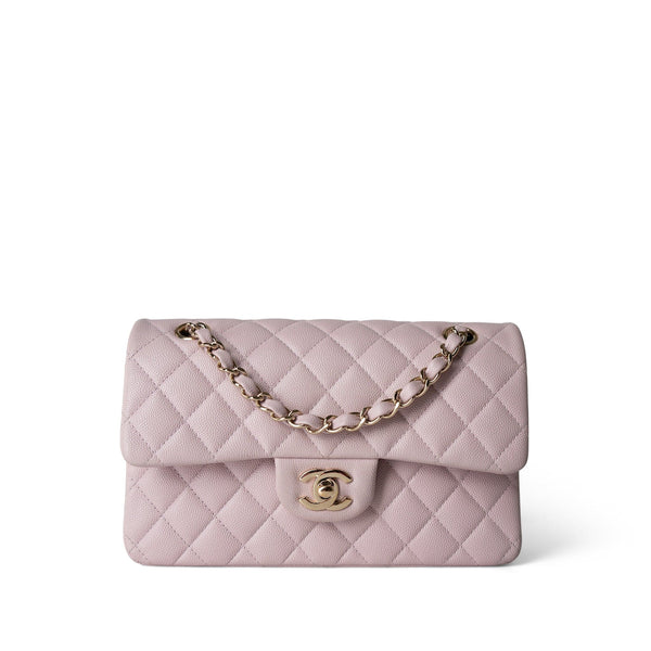 21S Rose Clair Caviar Quilted Classic Flap Small Light Gold