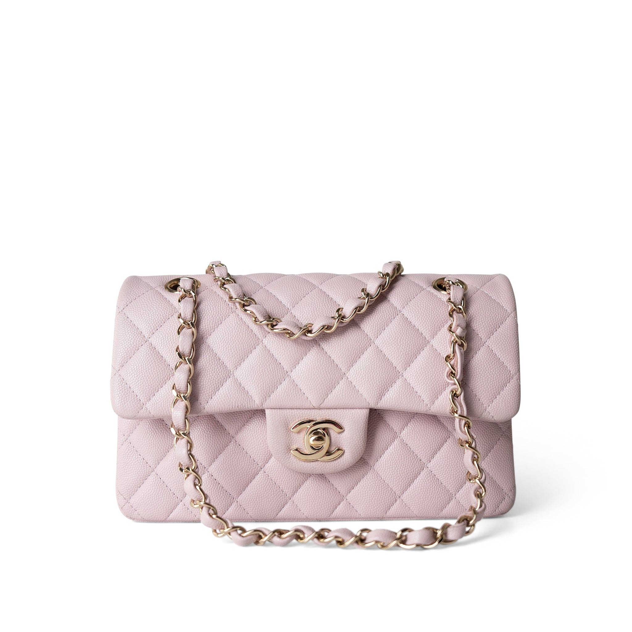 CHANEL Handbag Pink 21S Rose Clair Caviar Quilted Classic Flap Small Light Gold Hardware - Redeluxe