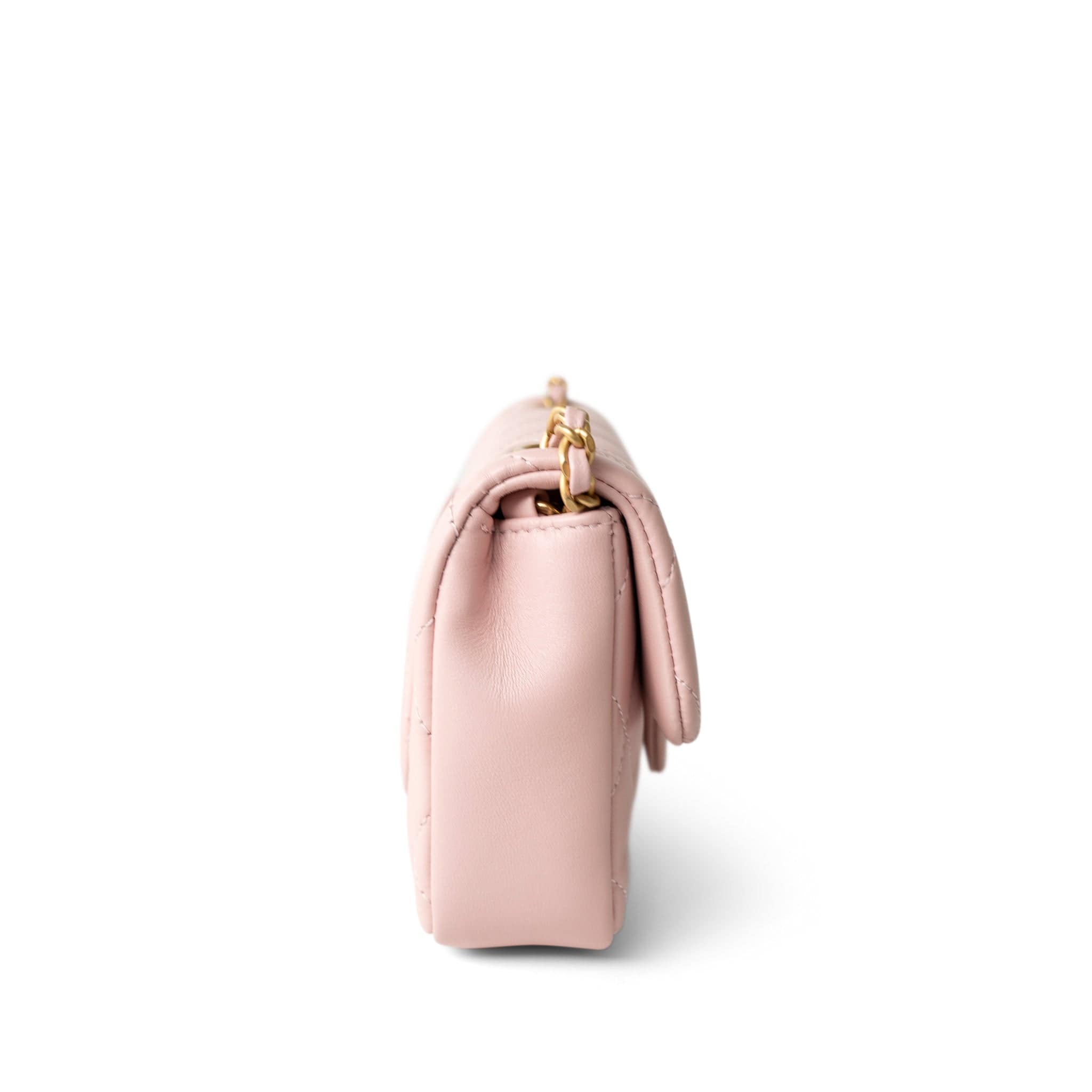 CHANEL Handbag Pink 22B Light Pink Lambskin Quilted Mini Heart Charms Flap Antique Gold Hardware - Redeluxe