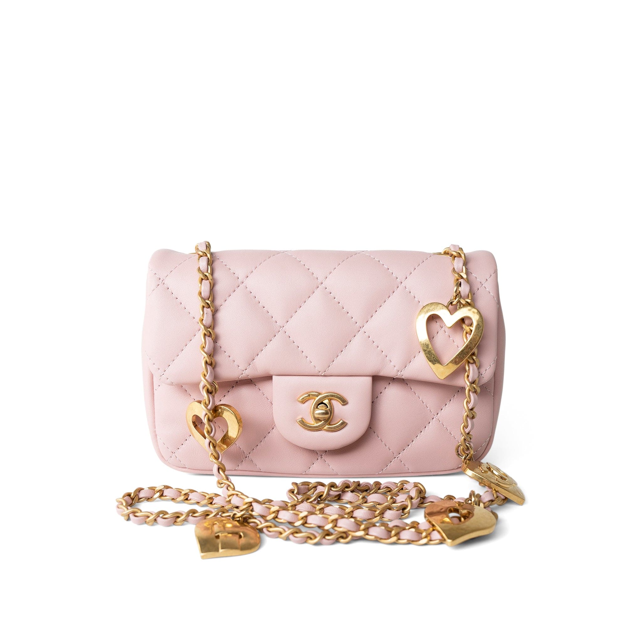 CHANEL Handbag Pink 22B Light Pink Lambskin Quilted Mini Heart Charms Flap Antique Gold Hardware - Redeluxe