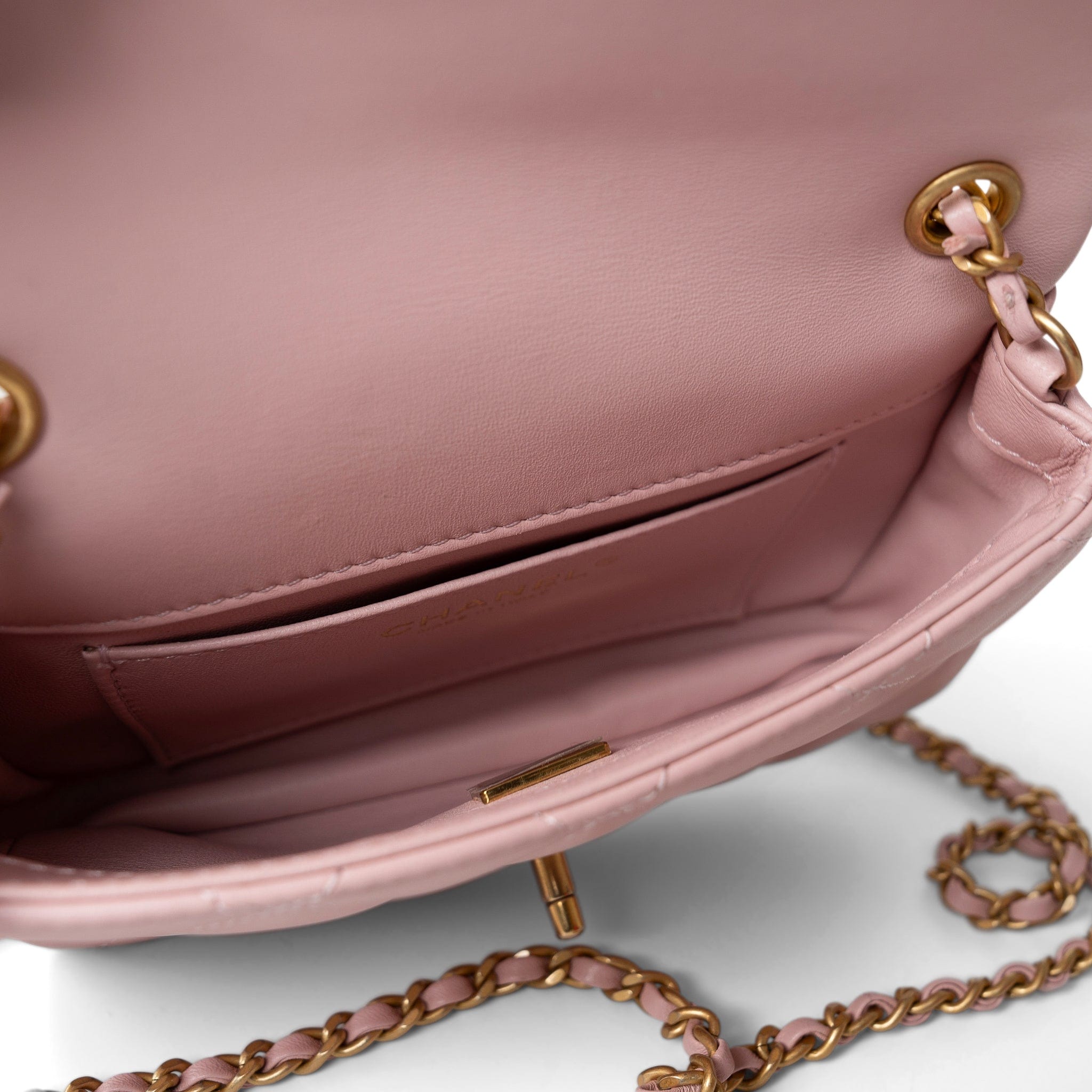 CHANEL Handbag Pink 22B Light Pink Lambskin Quilted Mini Heart Charms Flap Antique Gold Hardware - Redeluxe