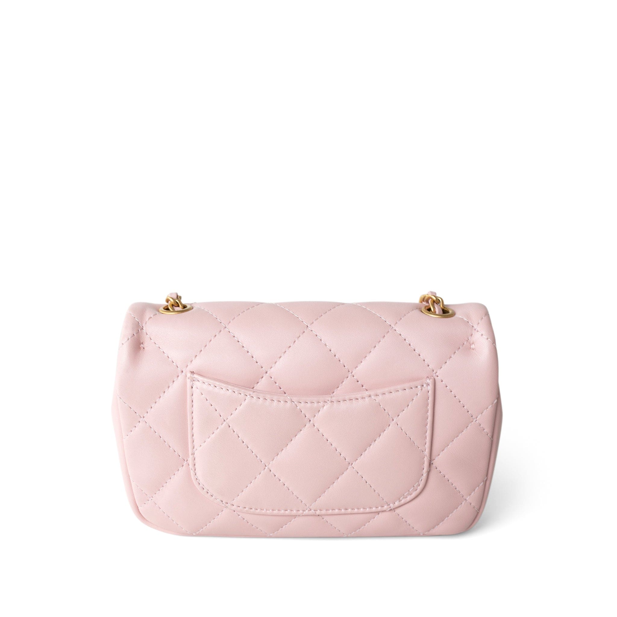 CHANEL Handbag Pink 22B Light Pink Lambskin Quilted Mini Heart Charms Flap Antique Gold Hardware - Redeluxe