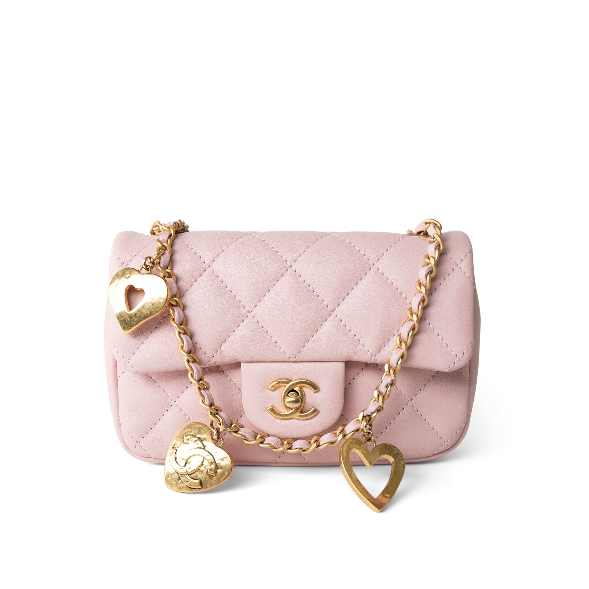 CHANEL Handbag Pink 22B Light Pink Lambskin Quilted Mini Heart Charms Flap Antique Gold Hardware - Redeluxe