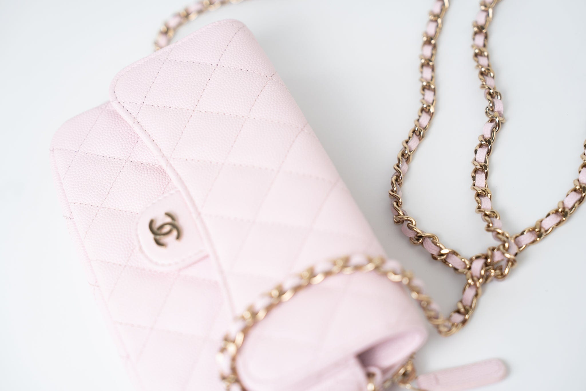 CHANEL Handbag Pink 22P Light Pink Caviar Quilted Flap Phone Holder with Classic Chain LGHW - Redeluxe