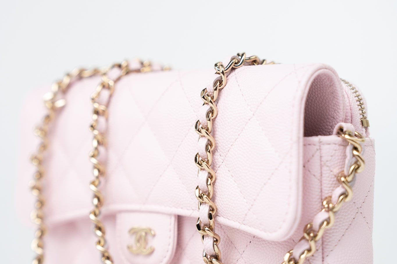 CHANEL Handbag Pink 22P Light Pink Caviar Quilted Flap Phone Holder with Classic Chain LGHW - Redeluxe