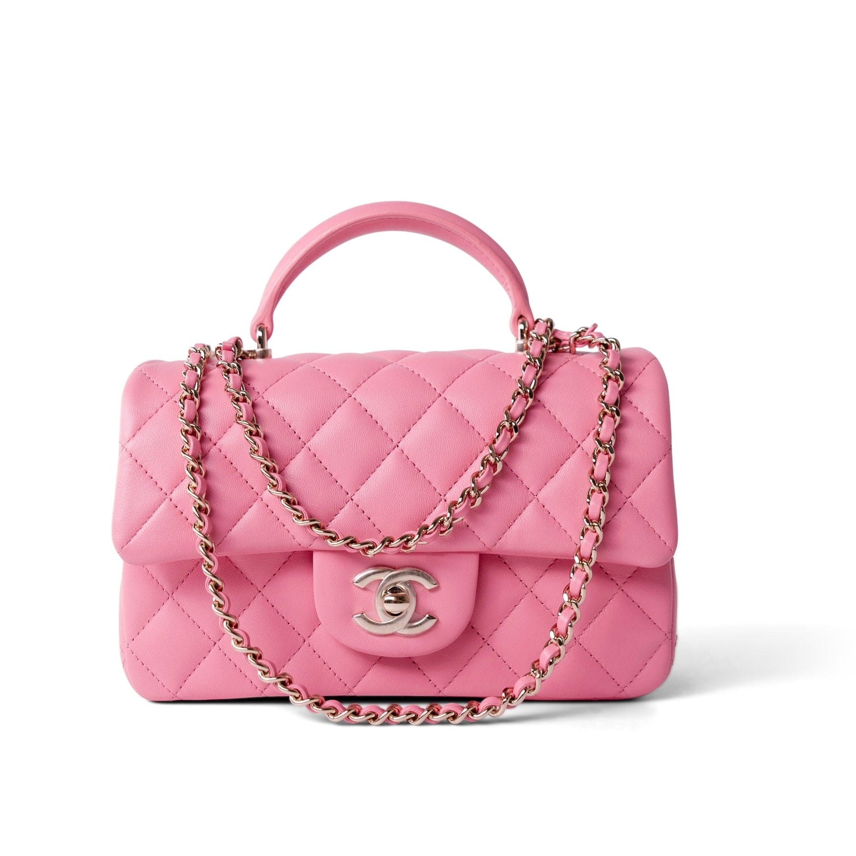CHANEL Handbag Pink 23P Pink Lambskin Quilted Mini Top Handle Light Gold Hardware - Redeluxe