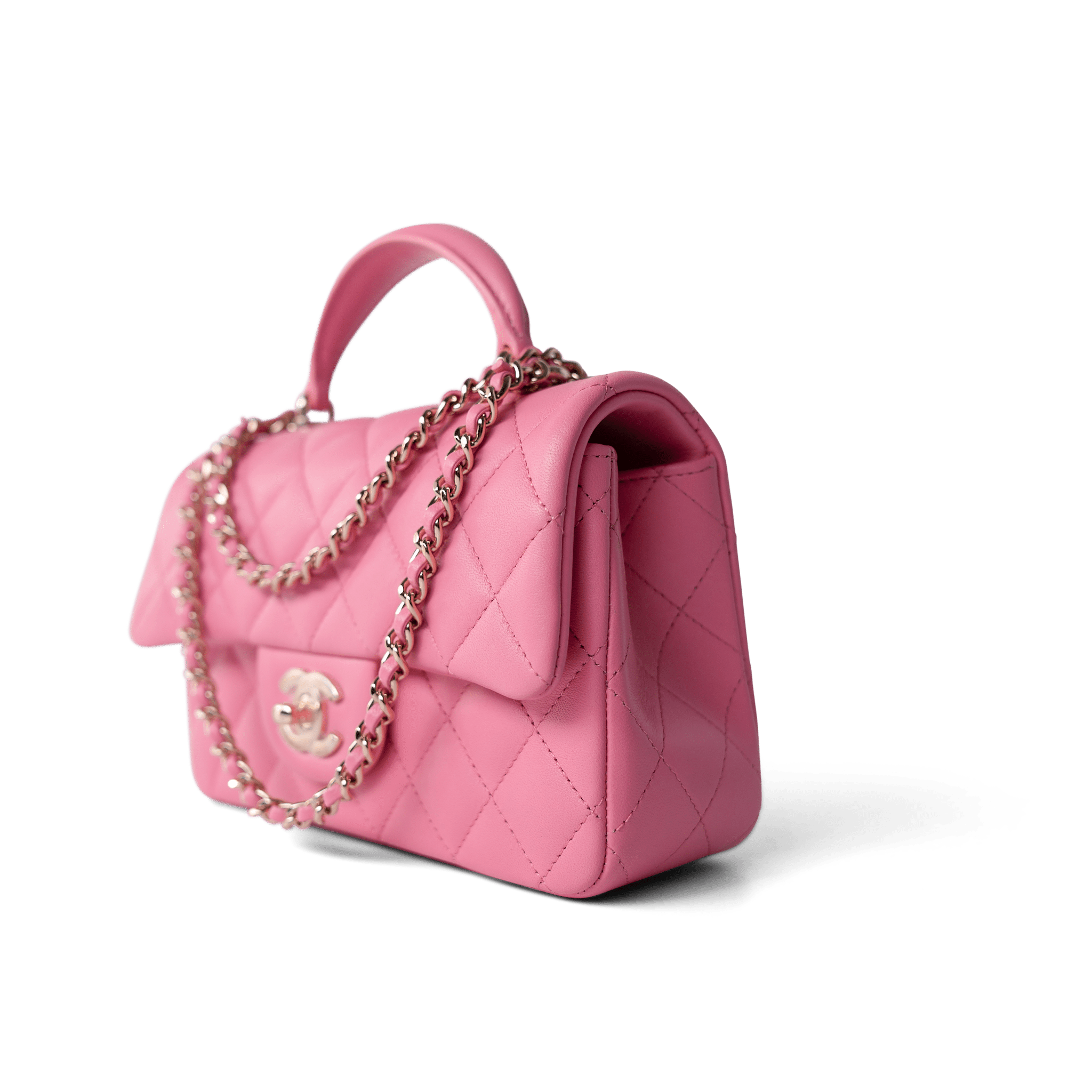 CHANEL Handbag Pink 23P Pink Lambskin Quilted Mini Top Handle Light Gold Hardware - Redeluxe