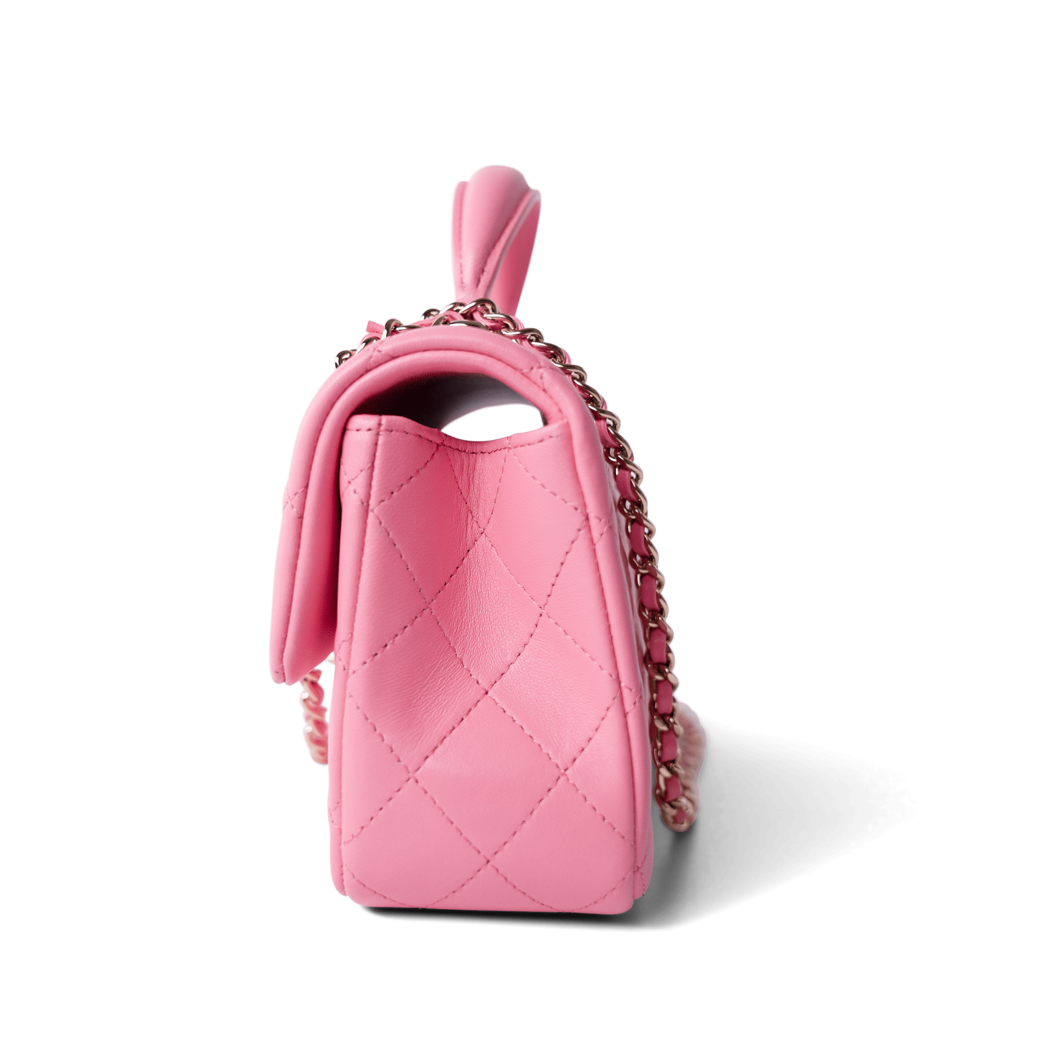 CHANEL Handbag Pink 23P Pink Lambskin Quilted Mini Top Handle Light Gold Hardware - Redeluxe