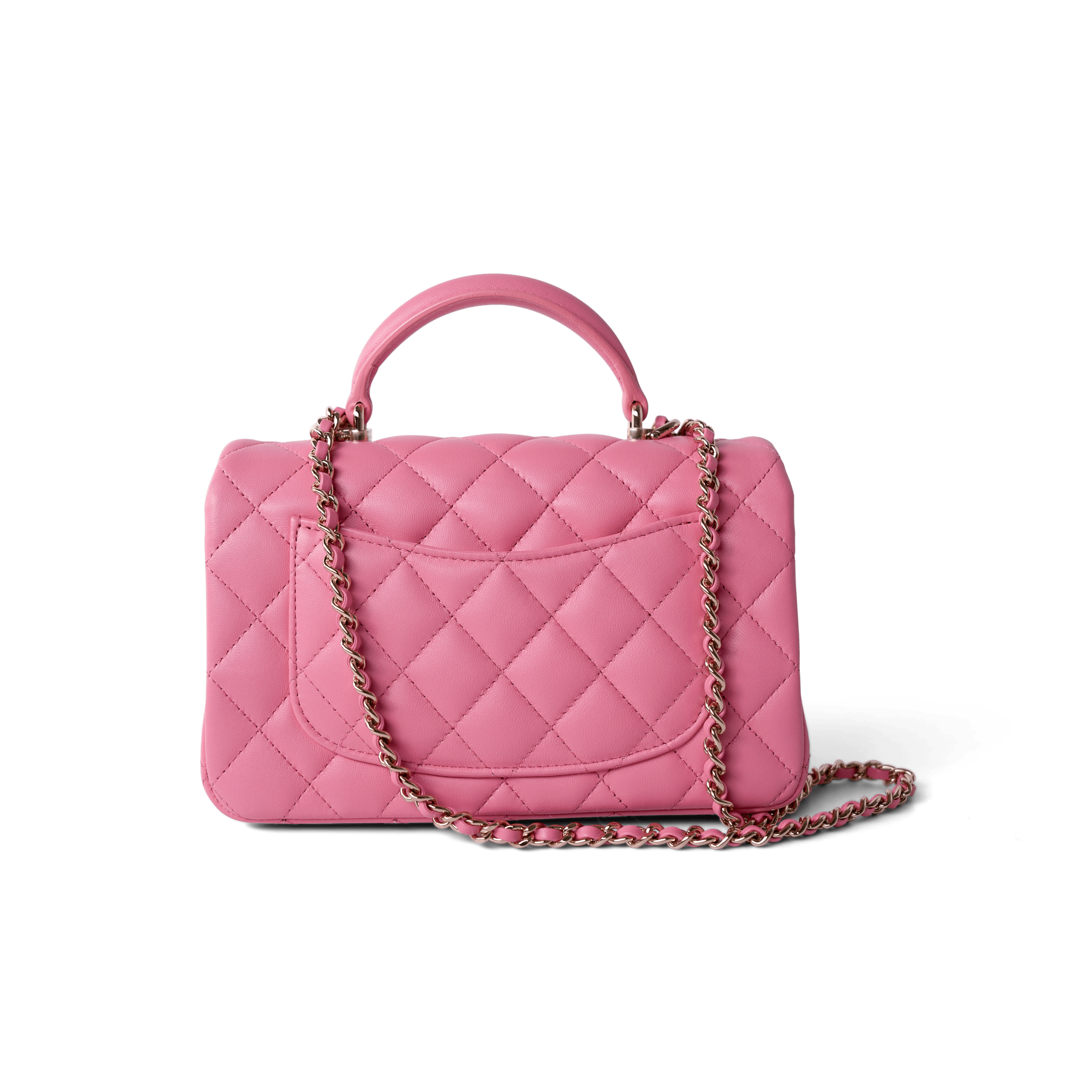 CHANEL Handbag Pink 23P Pink Lambskin Quilted Mini Top Handle Light Gold Hardware - Redeluxe
