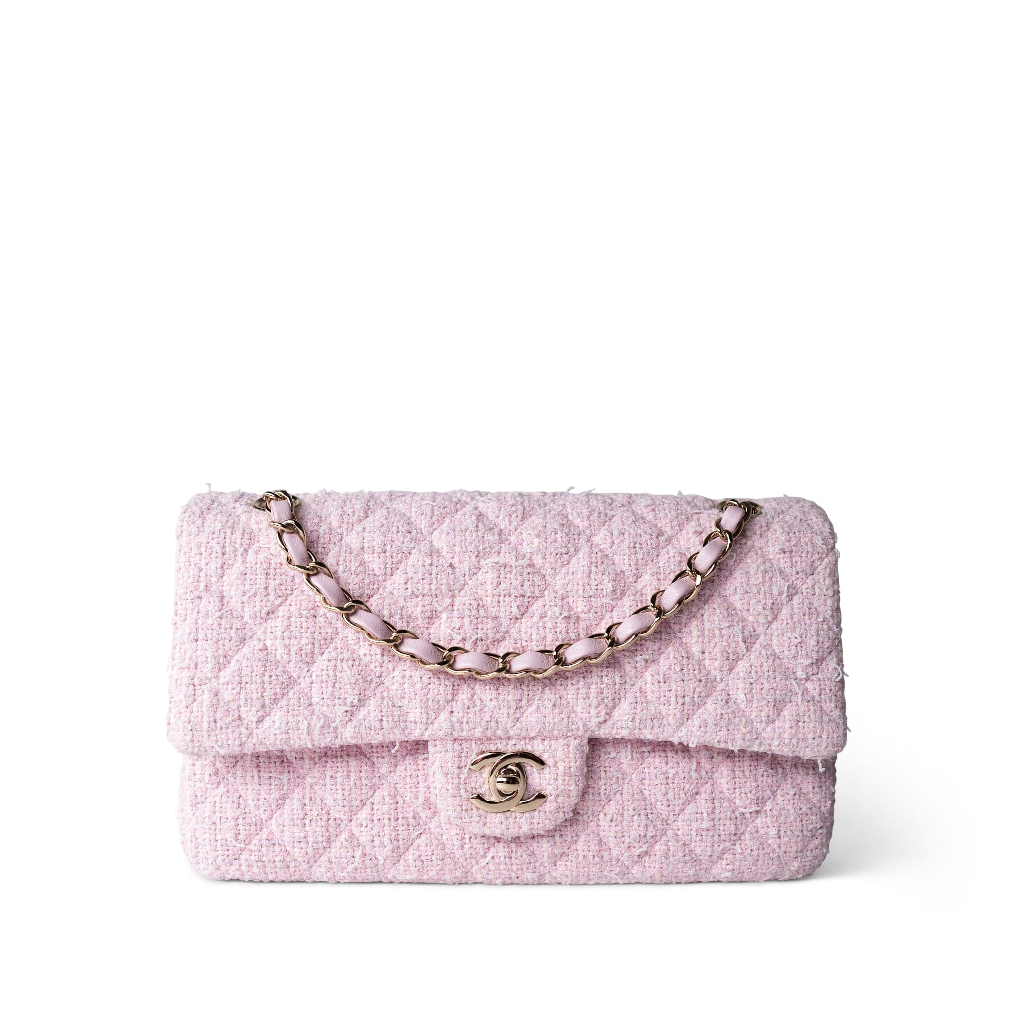 CHANEL Handbag Pink / Classic flap 21S Pink Tweed Quilted Classic Flap Medium Light Gold Hardware - Redeluxe