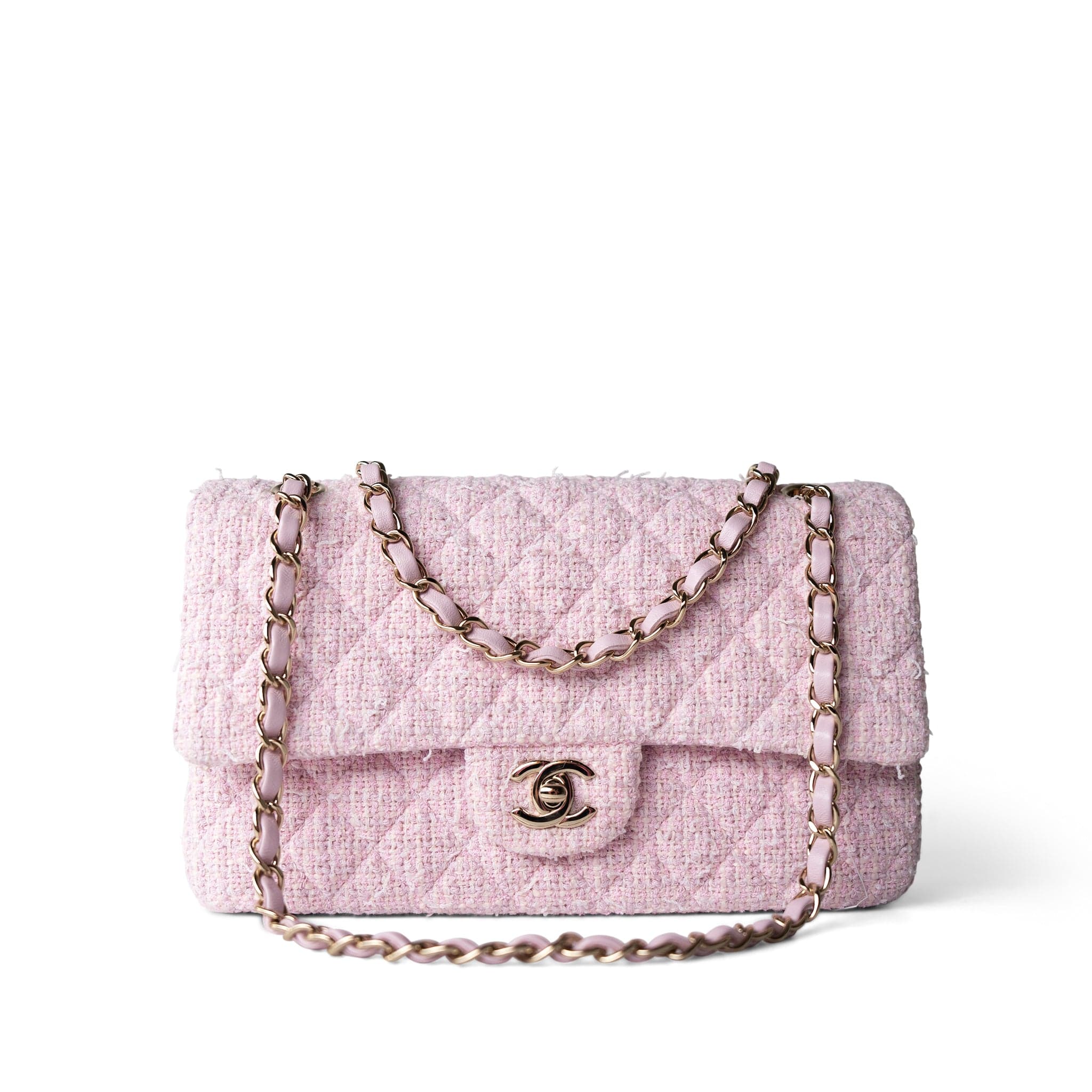 21S Pink Tweed Quilted Classic Flap Medium Light Gold Hardware