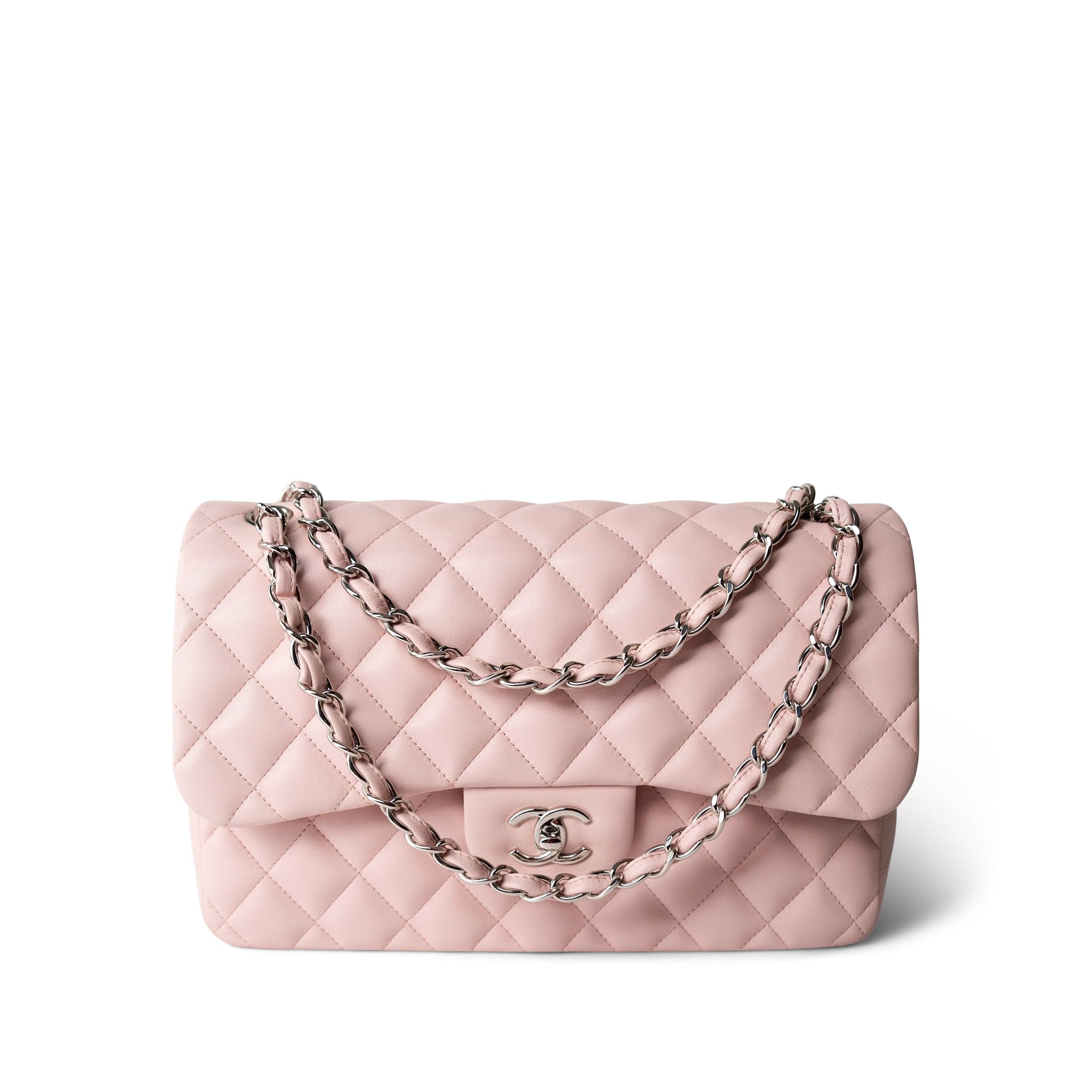 CHANEL Handbag Pink Light Pink Lambskin Quilted Jumbo Classic Flap Silver Hardware - Redeluxe