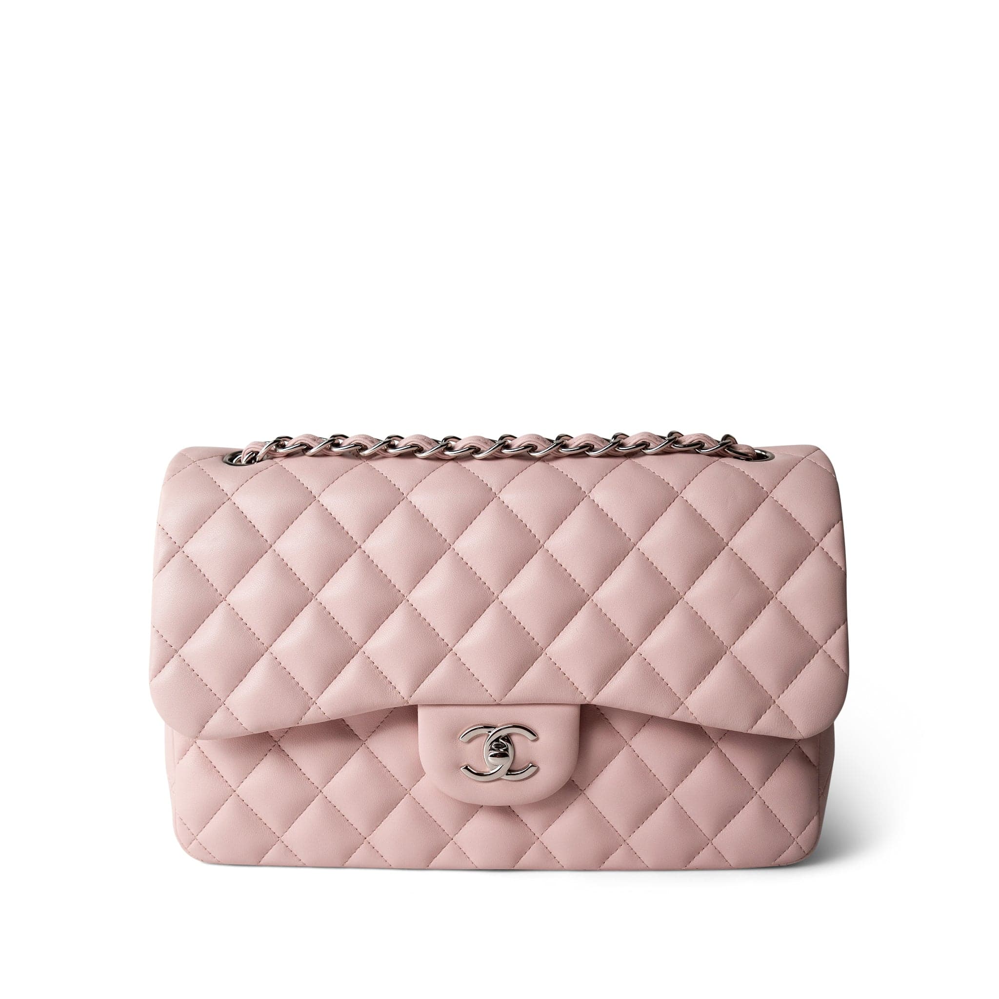 CHANEL Handbag Pink Light Pink Lambskin Quilted Jumbo Classic Flap Silver Hardware - Redeluxe