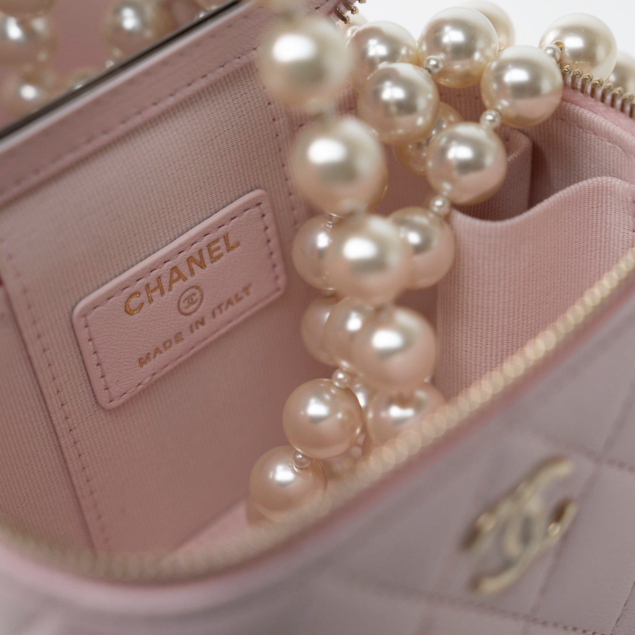 Light Pink Lambskin Quilted Mini Vanity Case With Pearl Chain