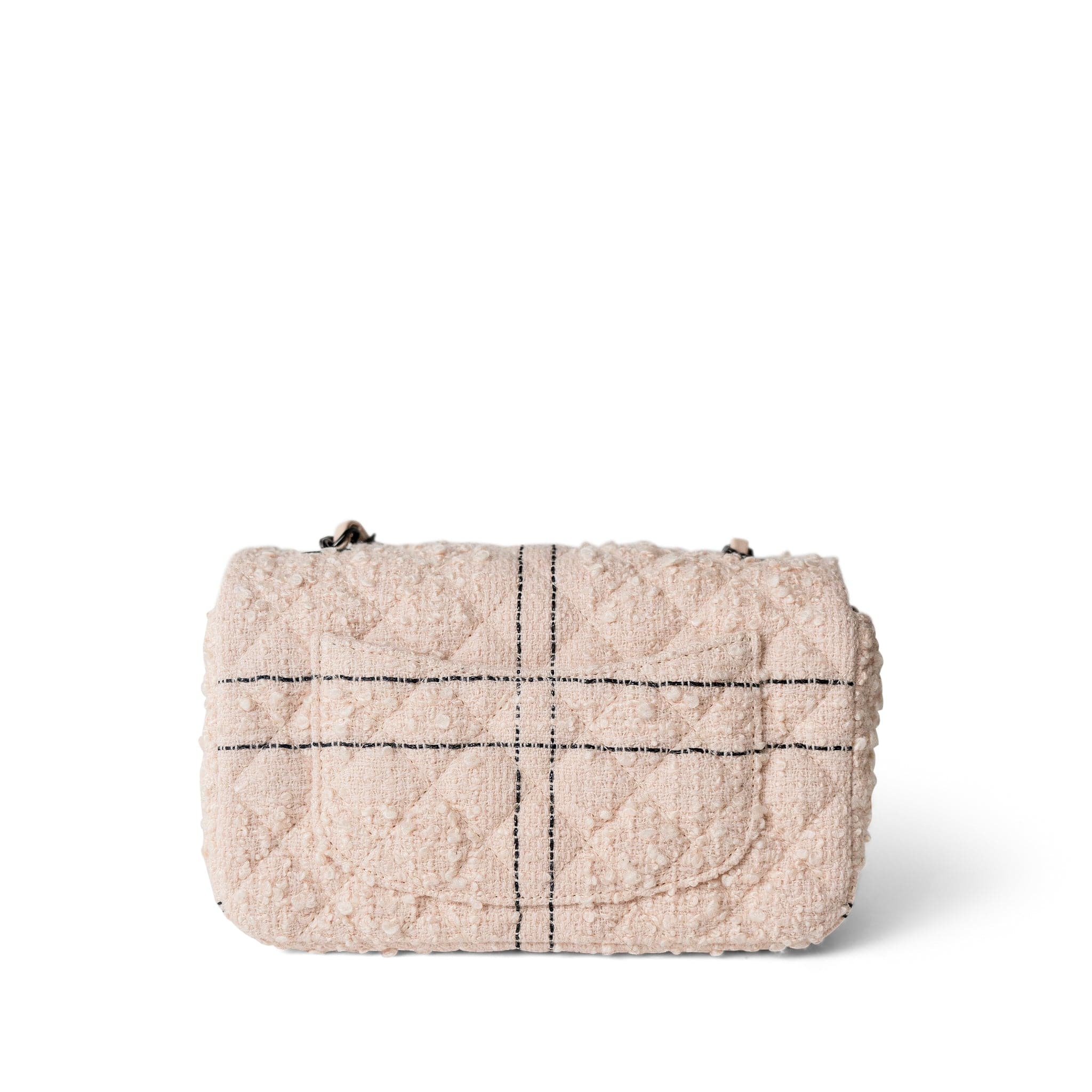 Light Pink Tweed Quilted Mini Rectangular Single Flap Black Metal
