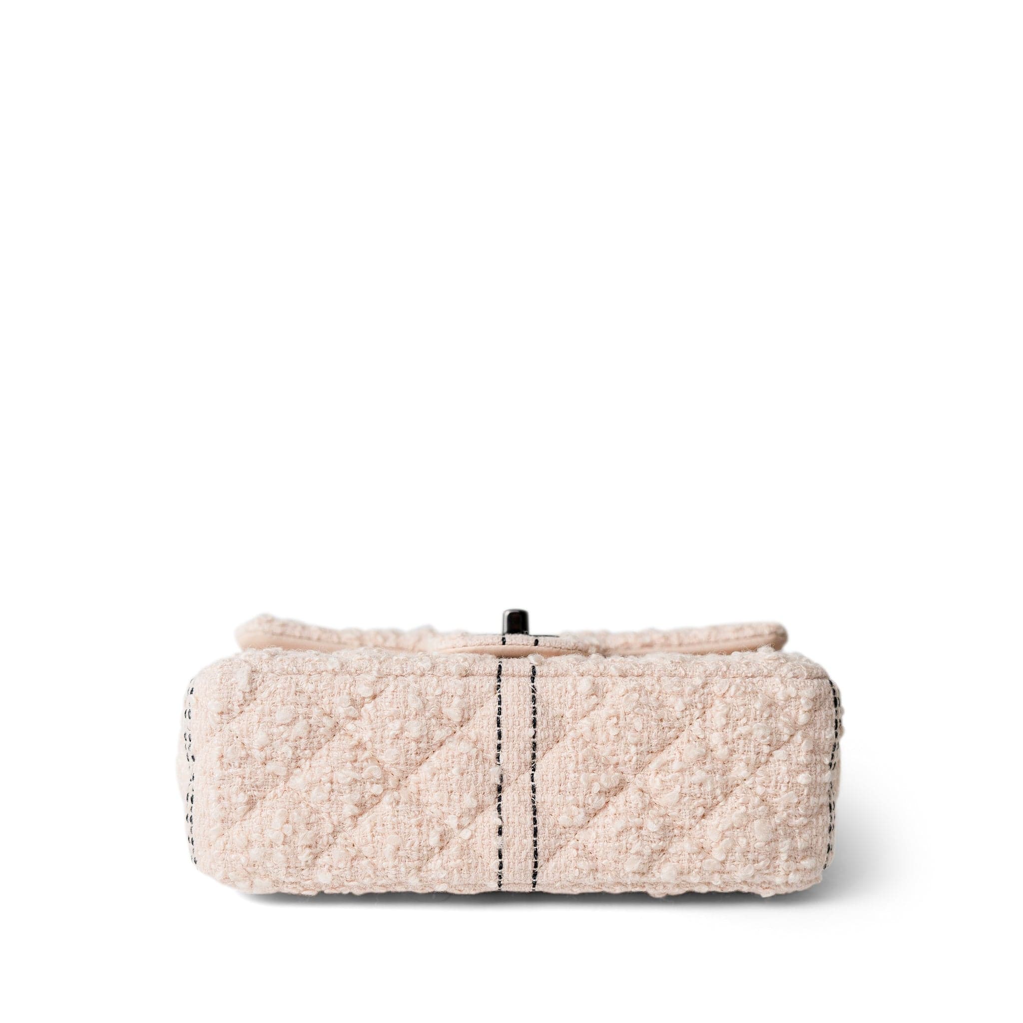 Light Pink Tweed Quilted Mini Rectangular Single Flap Black Metal
