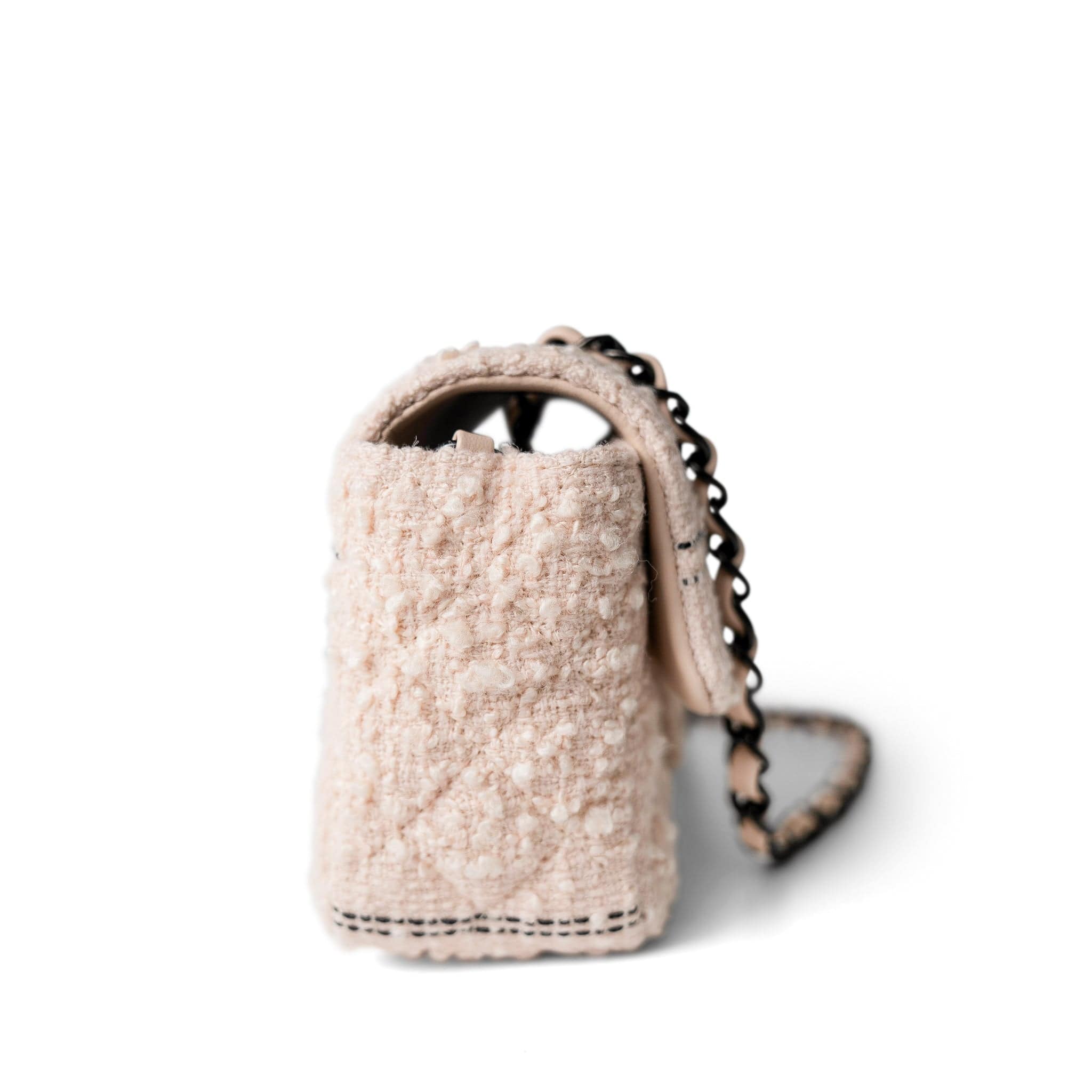Light Pink Tweed Quilted Mini Rectangular Single Flap Black Metal
