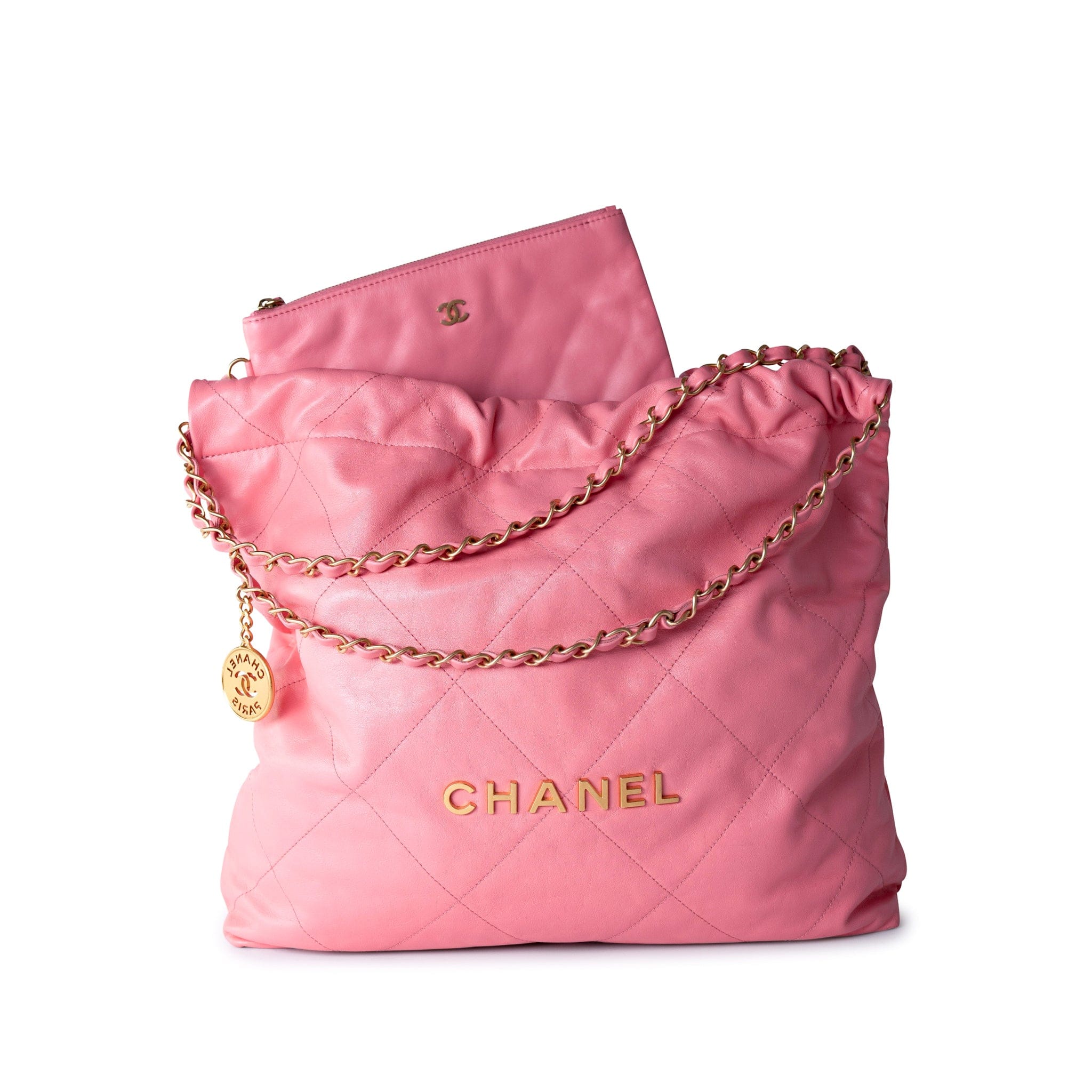 CHANEL Handbag Pink Medium Pink Calfskin Quilted 22 Hobo Bag Antique Gold Hardware - Redeluxe