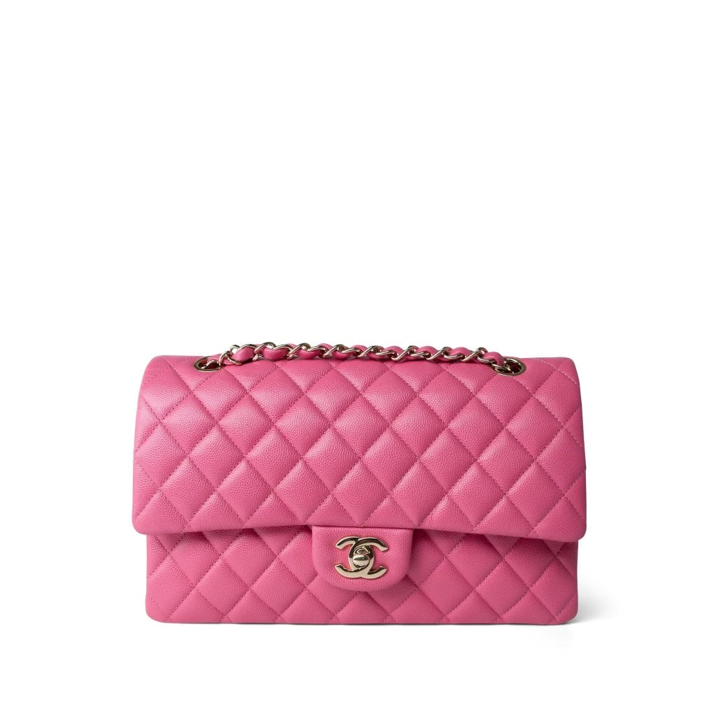 CHANEL Handbag Pink Pink Caviar Quilted Classic Flap Medium Light Gold Hardware - Redeluxe