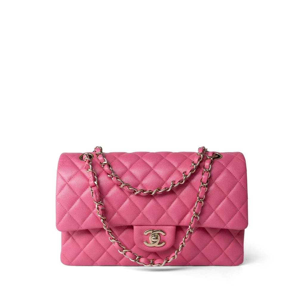 CHANEL Handbag Pink Pink Caviar Quilted Classic Flap Medium Light Gold Hardware - Redeluxe